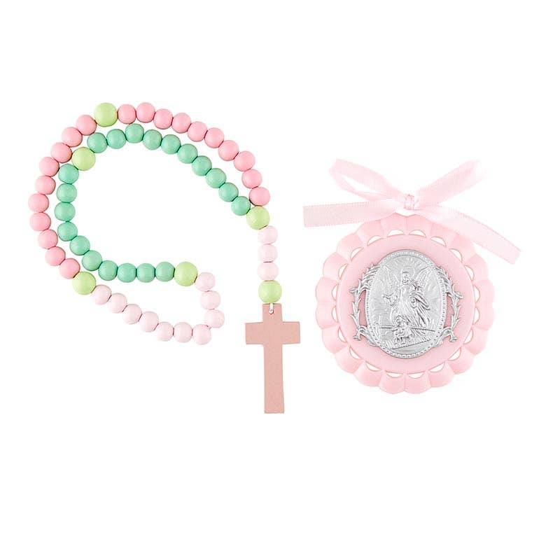 Crib Set - Medal and Rosary - Pink