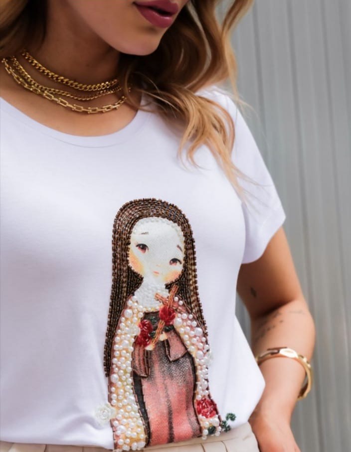 Saint Therese Pearl T-Shirt with Hand Embroidered Rhinestones