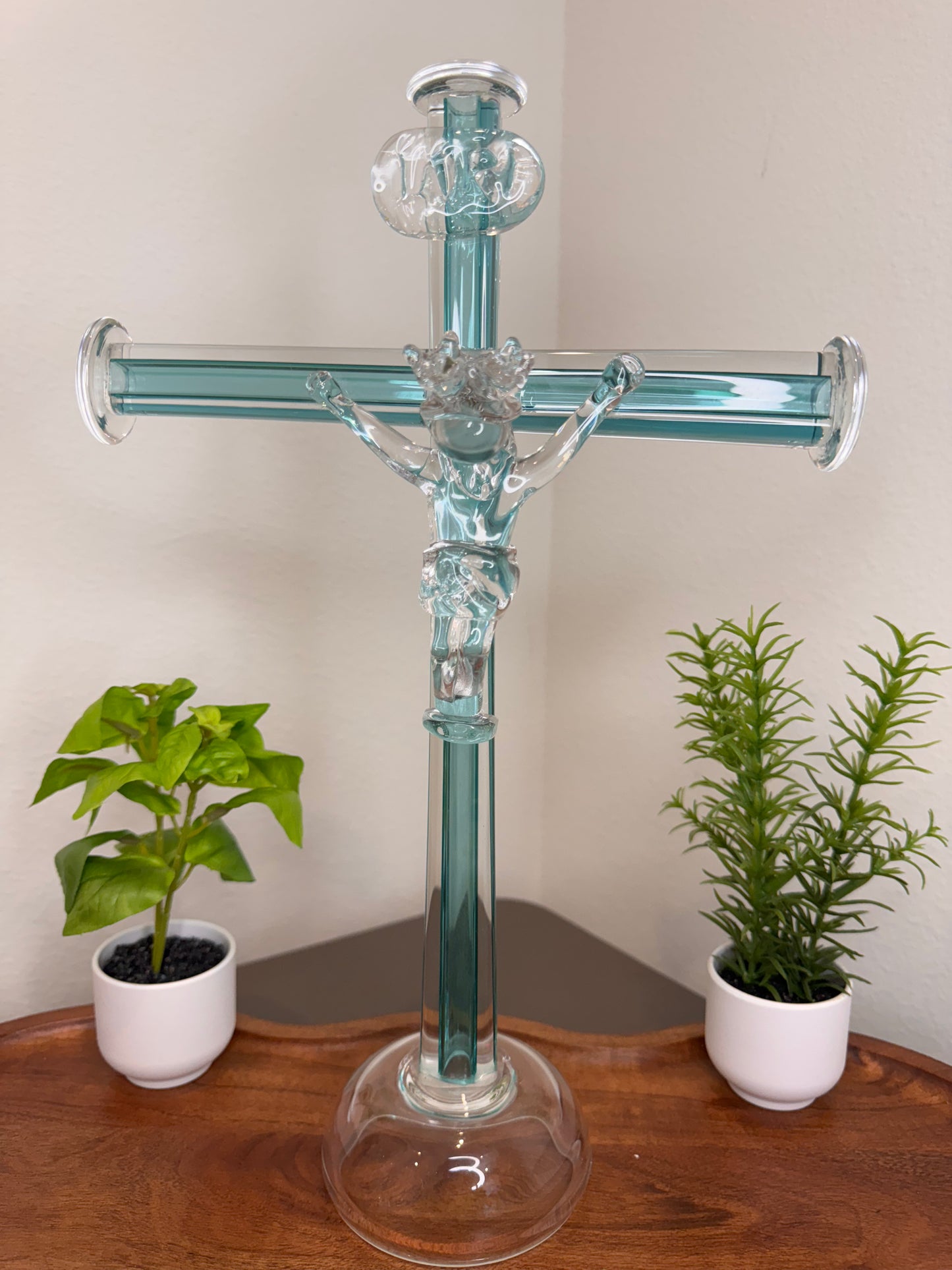 Murano Crucifix with Jesus - Aquamarine | 36 cm