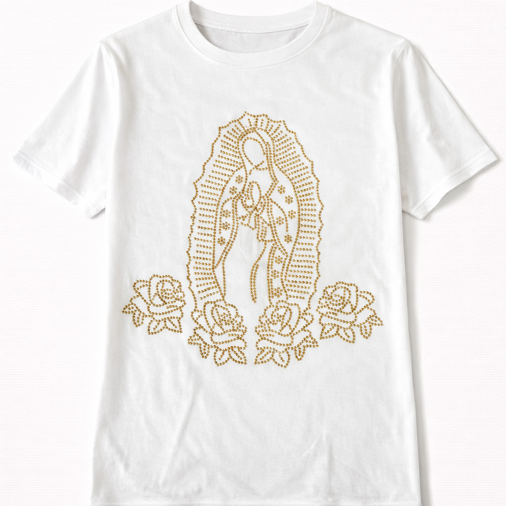 Camiseta Nossa Senhora de Guadalupe em Strass – Amor e Proteção Materna (Unisex)
