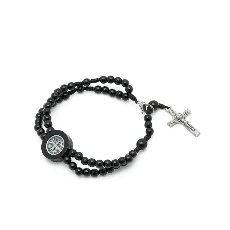 Pulseira Terço em Madeira com Cruz de São Bento Mini