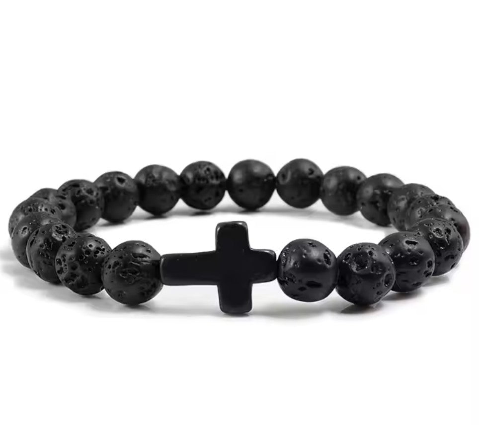 Pulseira Cristã com Cruz em Pedra Natural – Várias Cores