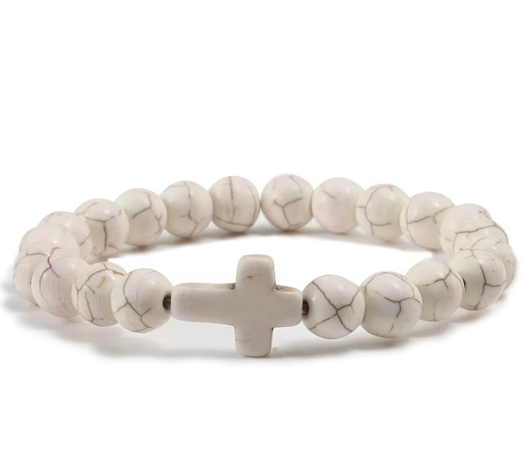 Pulseira Cristã com Cruz em Pedra Natural – Várias Cores