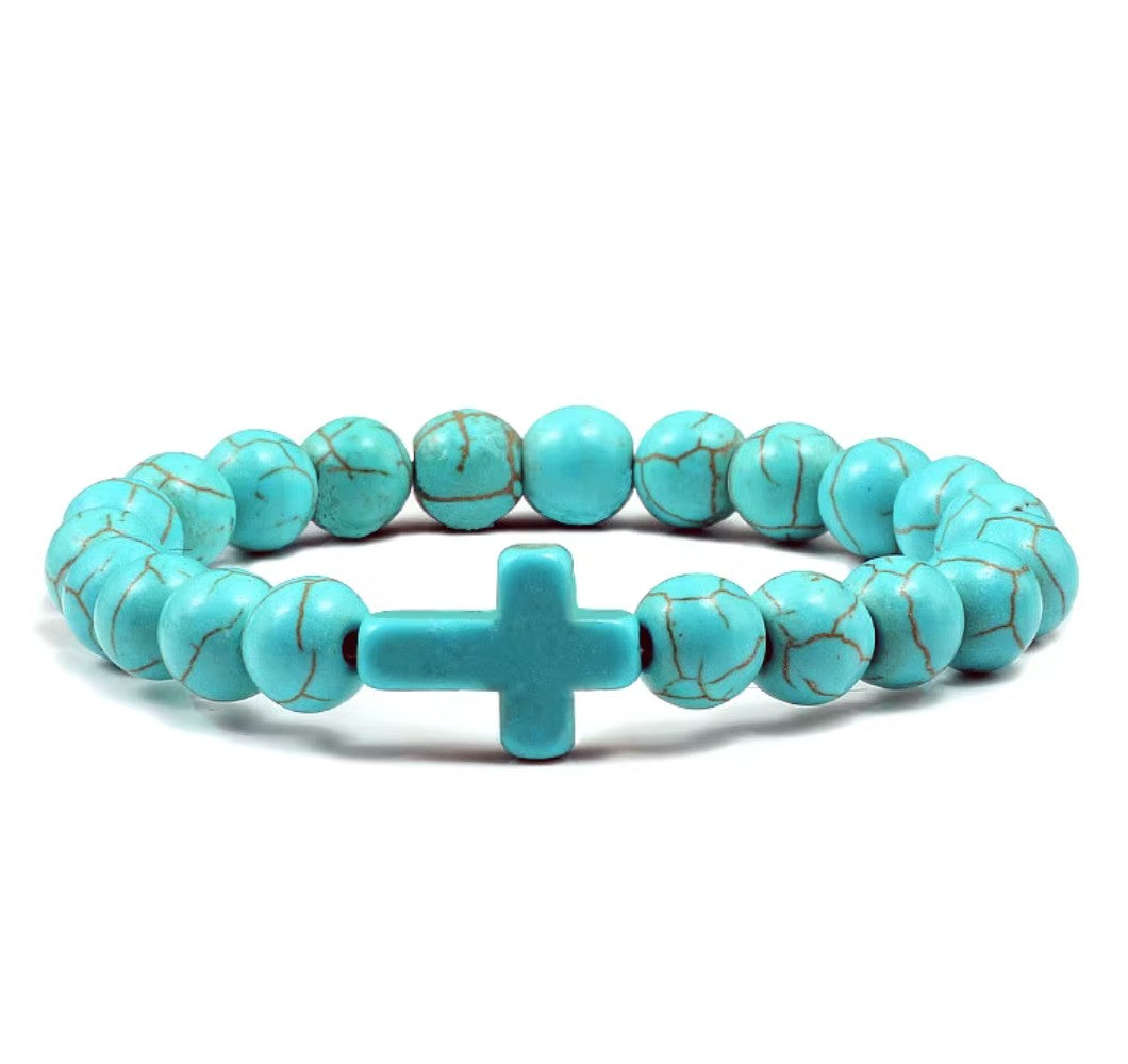 Pulseira Cristã com Cruz em Pedra Natural – Várias Cores