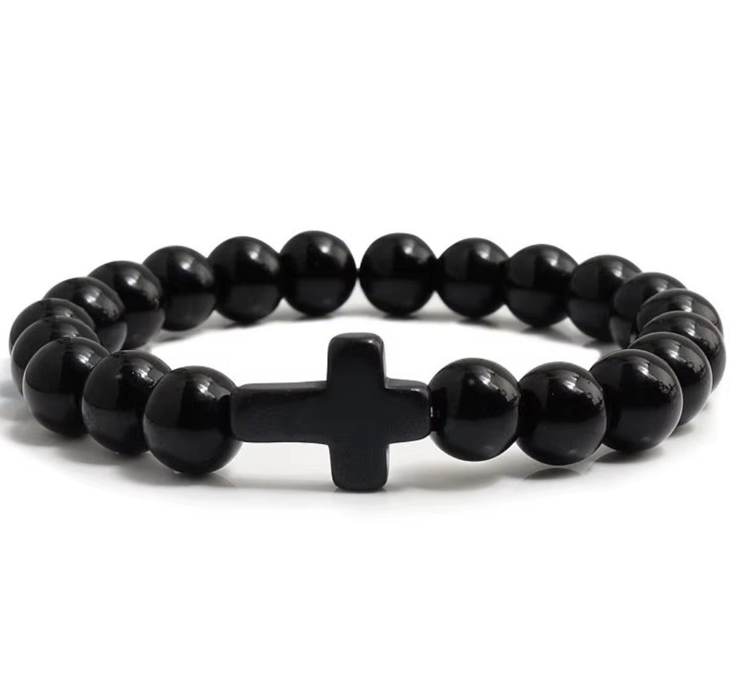 Pulseira Cristã com Cruz em Pedra Natural – Várias Cores