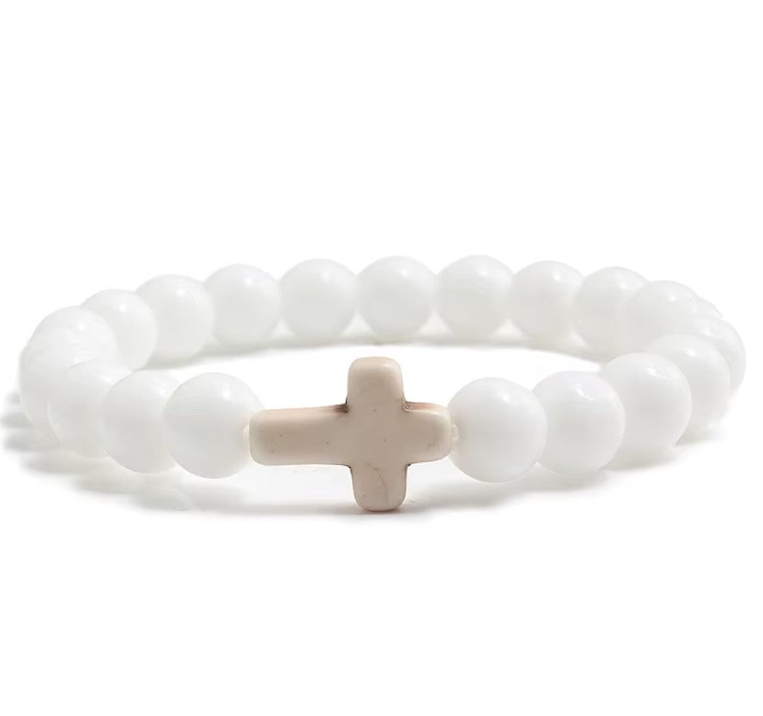 Pulseira Cristã com Cruz em Pedra Natural – Várias Cores