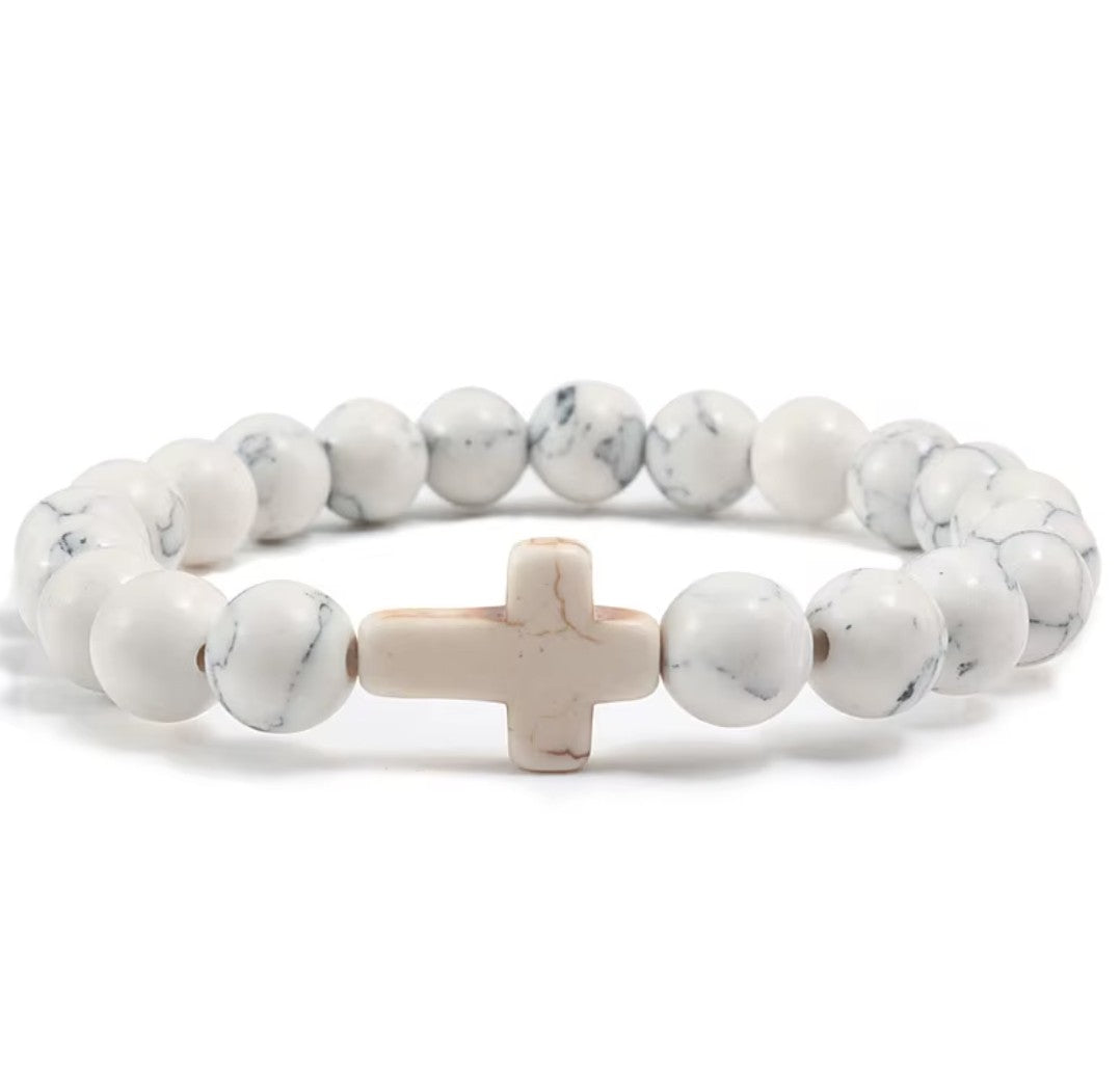 Pulseira Cristã com Cruz em Pedra Natural – Várias Cores