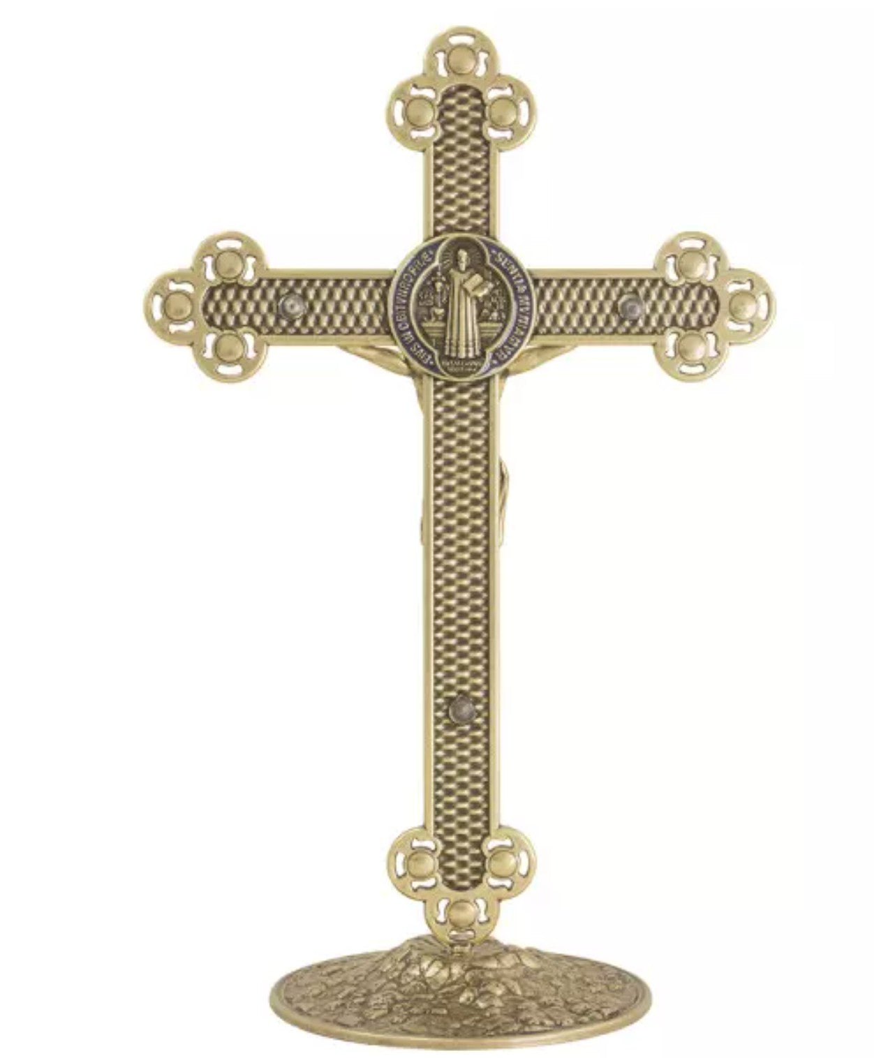 Crucifijo con Medalla de San Benito Oro Viejo – 25 cm (con Strass)