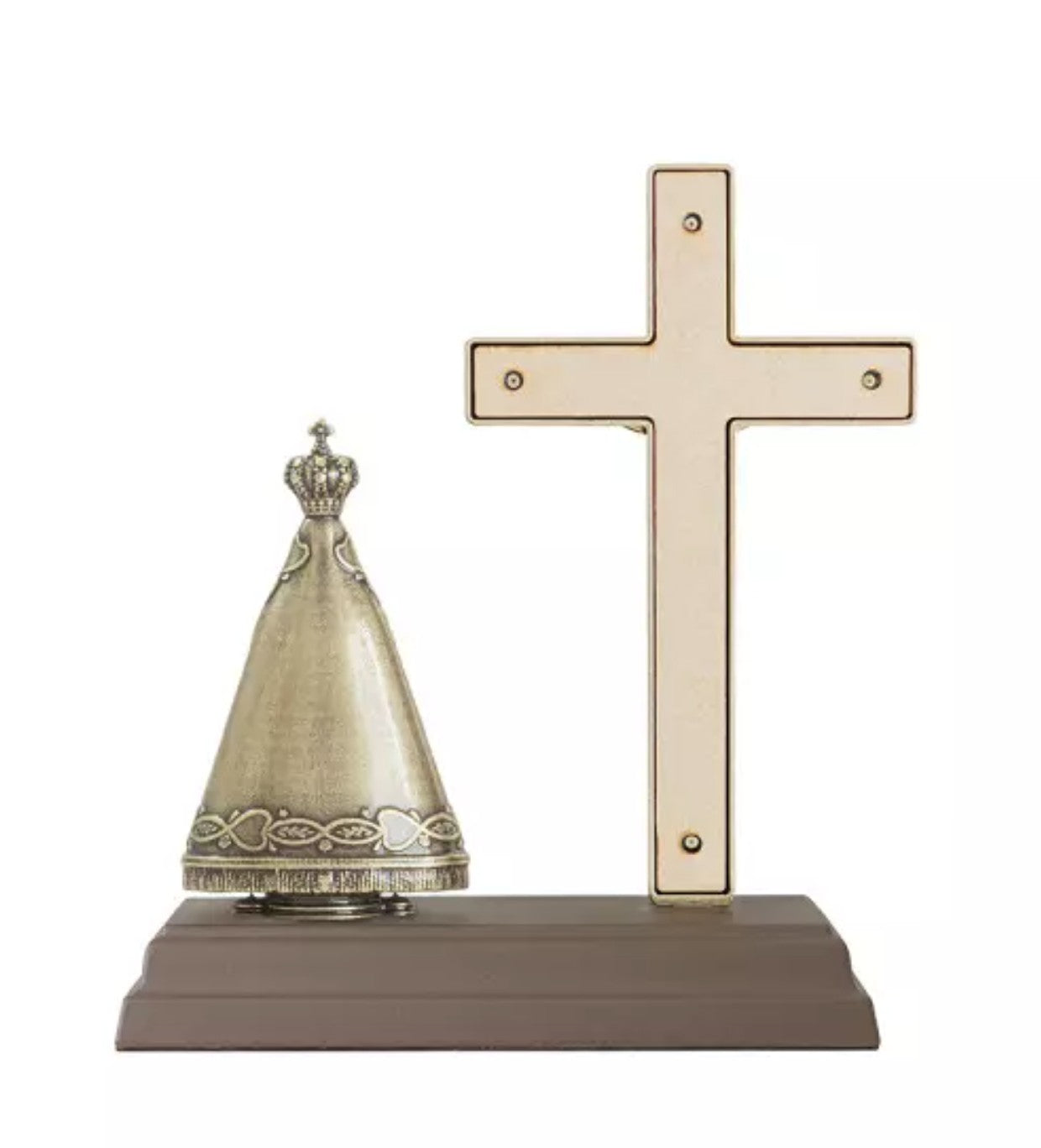 Crucifix Oratory with Our Lady of Aparecida – Aged Gold | 15 cm