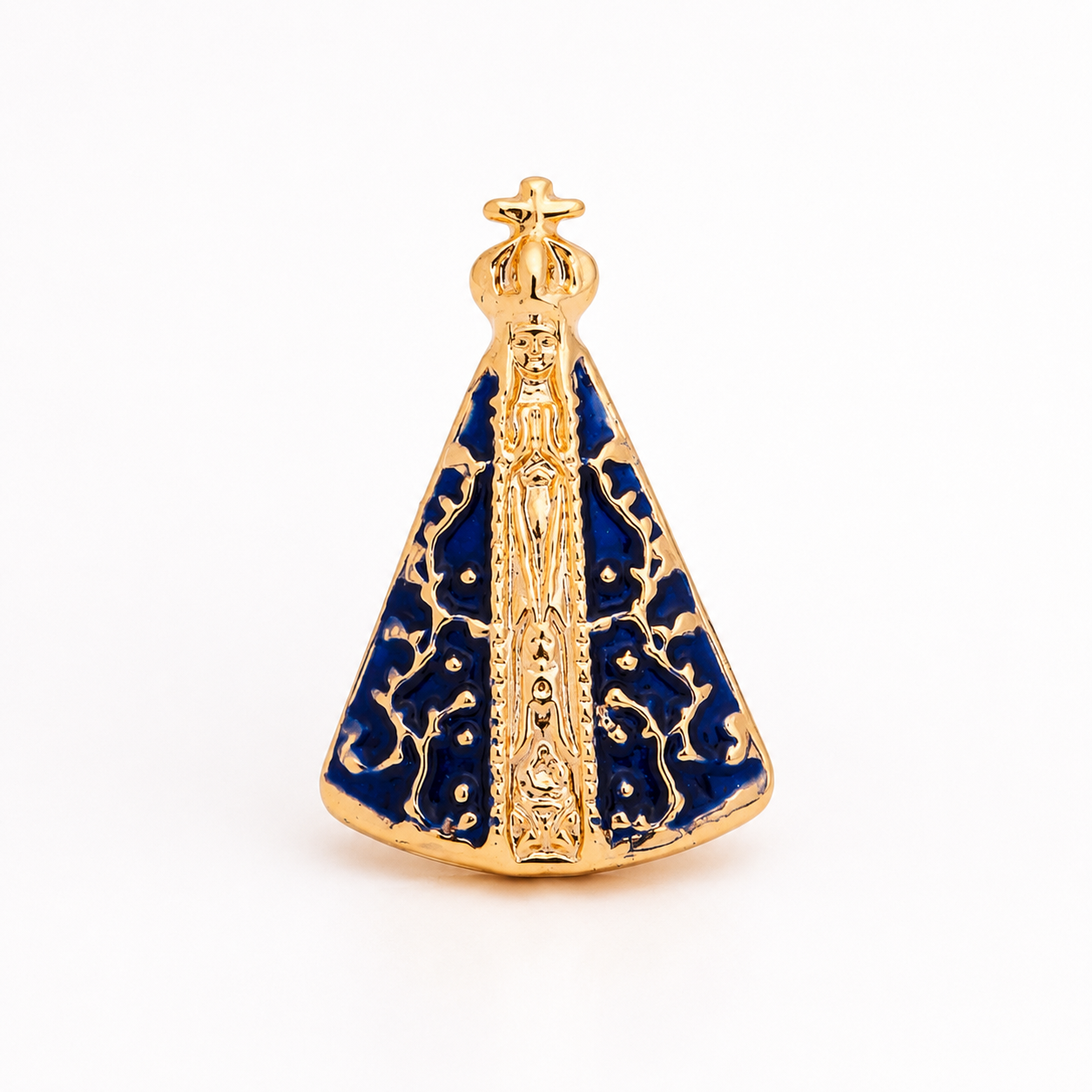 Bóton Nossa Senhora Aparecida em Metal – Dourado e Azul