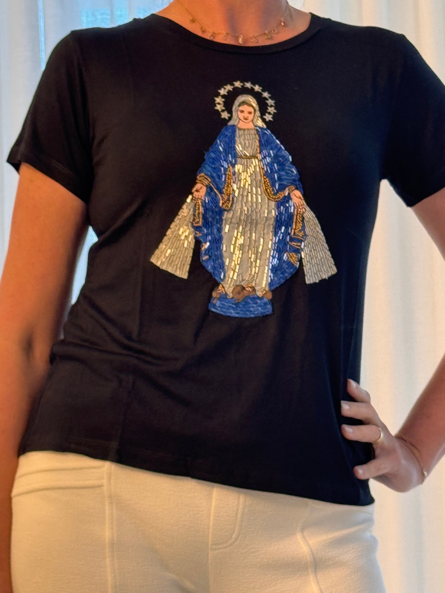Our Lady of Graces T-shirt Hand Embroidered