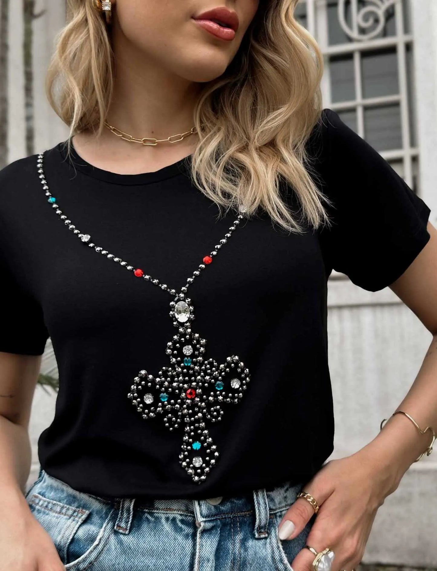Hand Embroidered Crucifix T-Shirt with Rhinestones