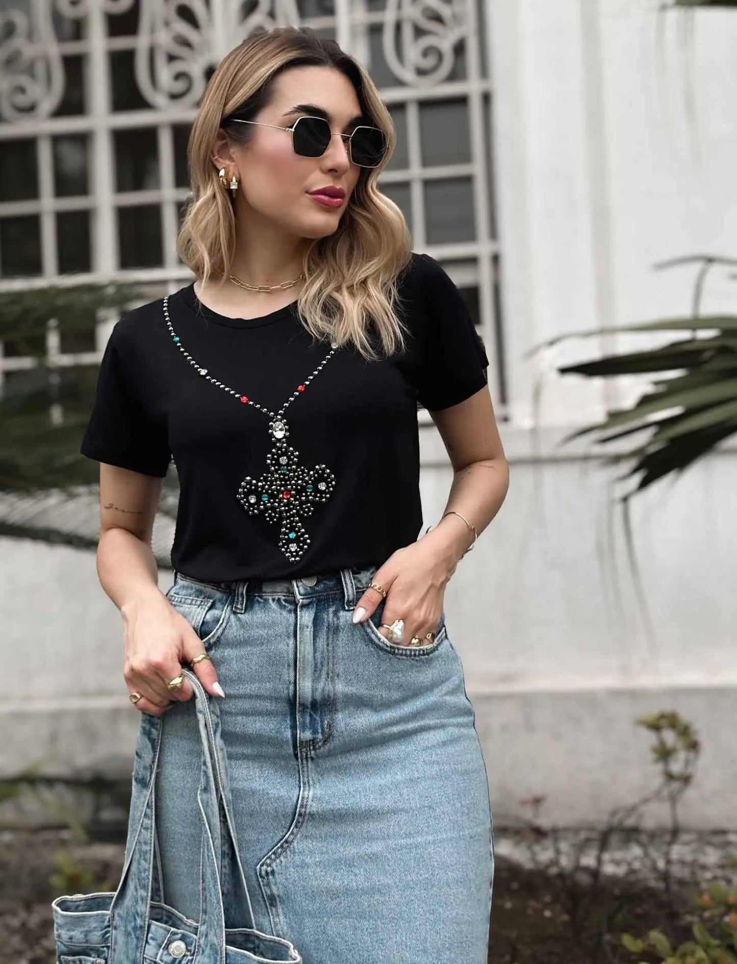 Hand Embroidered Crucifix T-Shirt with Rhinestones