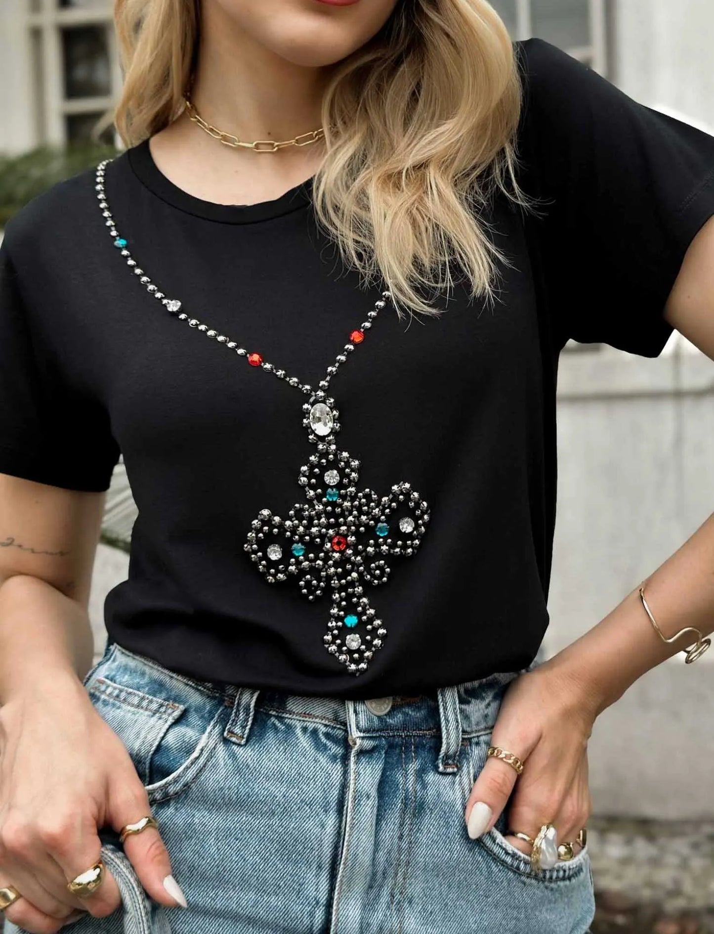 Hand Embroidered Crucifix T-Shirt with Rhinestones