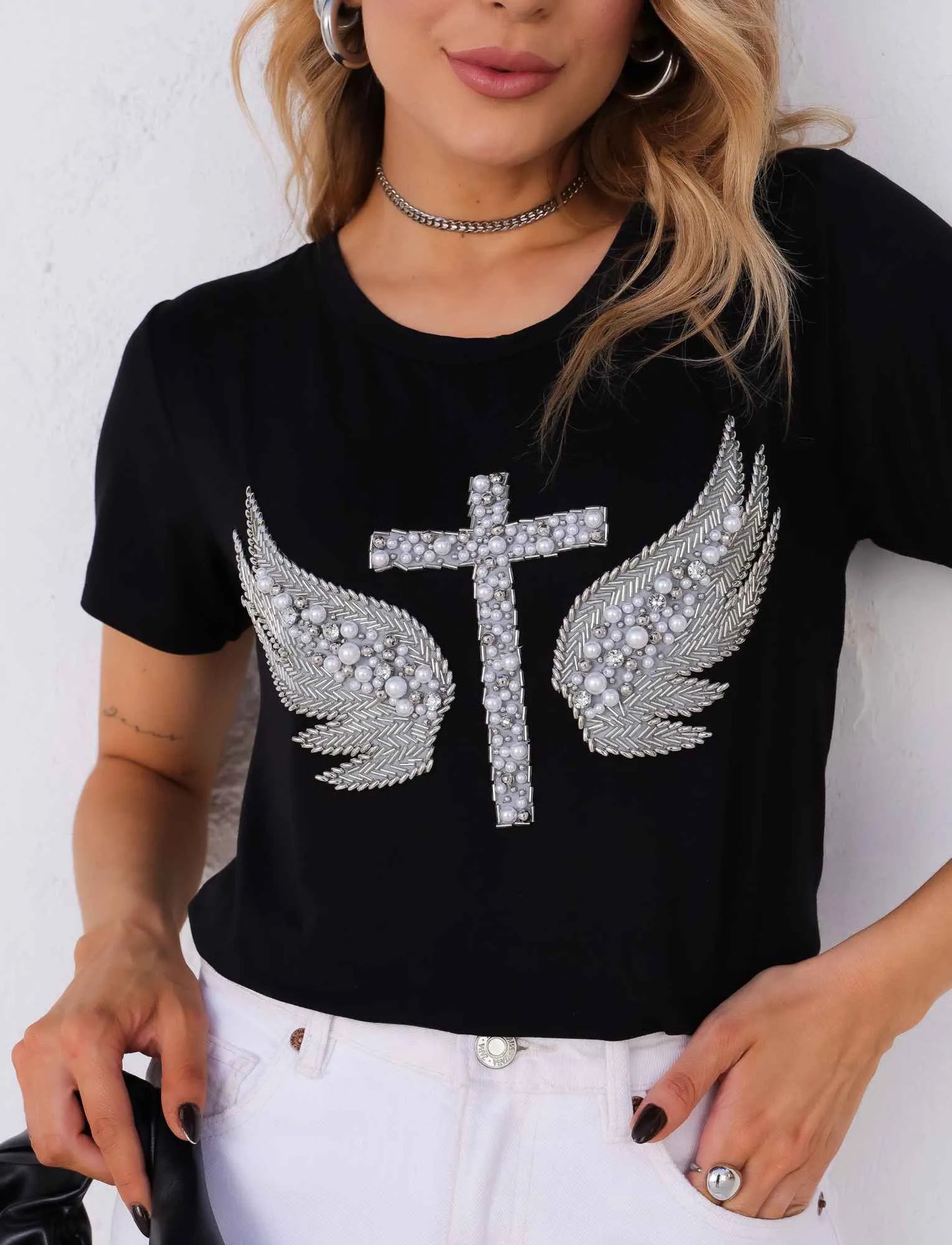Silver Wing Cross T-shirts with Hand Embroidered Rhinestones