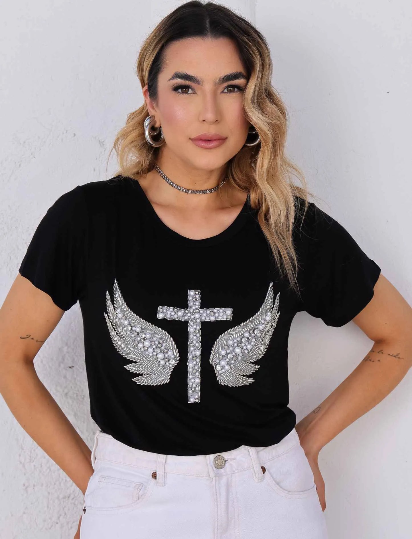 Silver Wing Cross T-shirts with Hand Embroidered Rhinestones