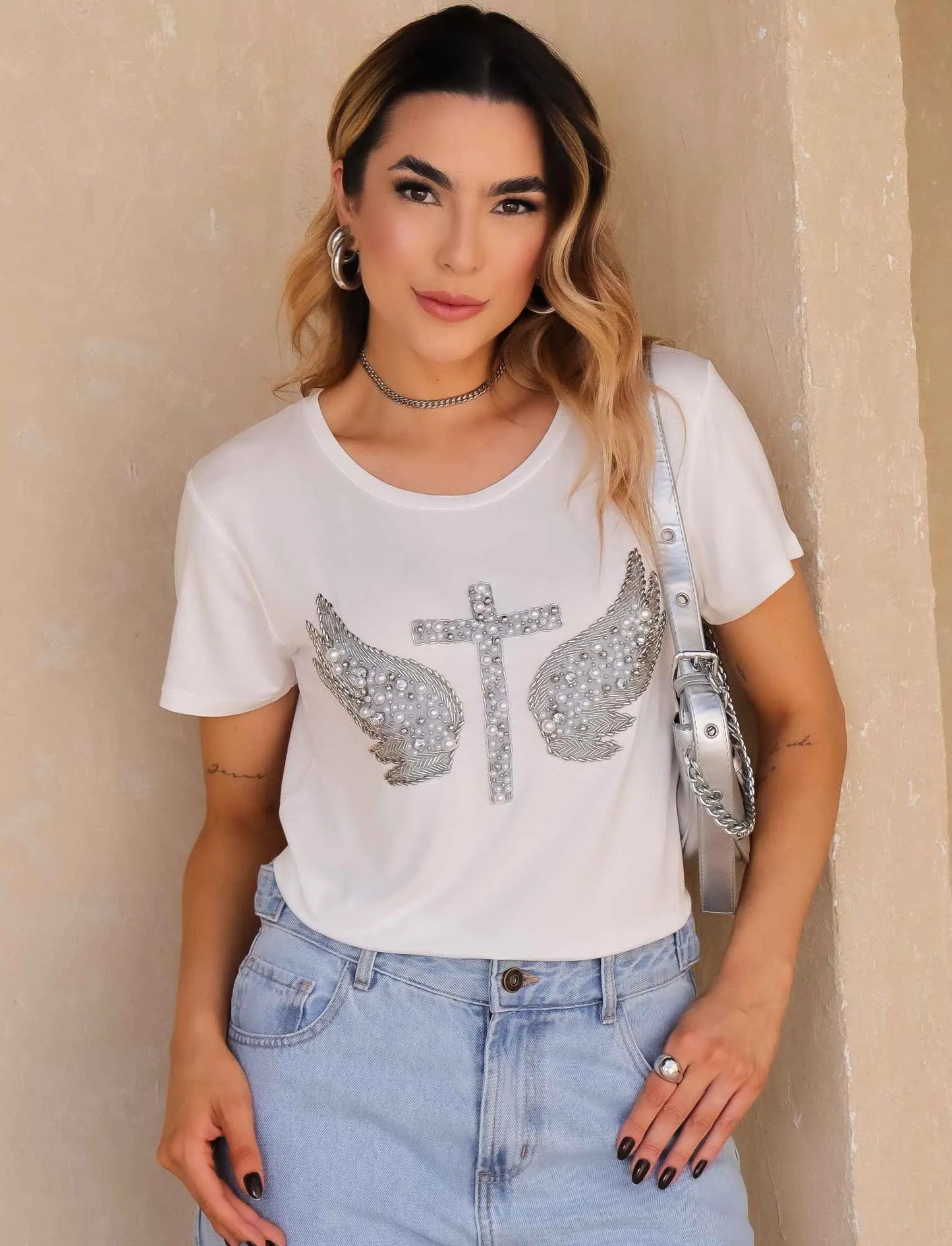 Silver Wing Cross T-shirts with Hand Embroidered Rhinestones