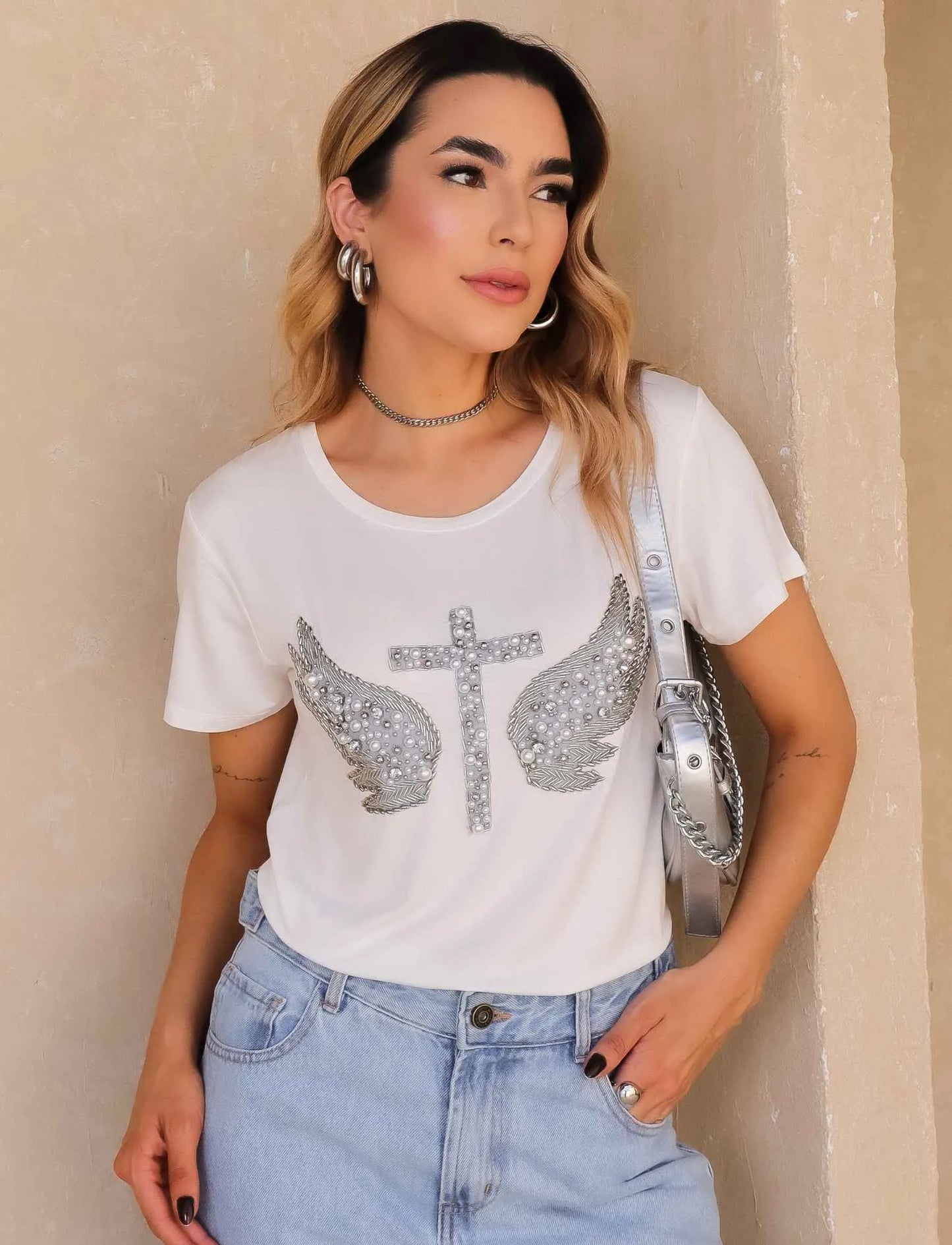 Silver Wing Cross T-shirts with Hand Embroidered Rhinestones