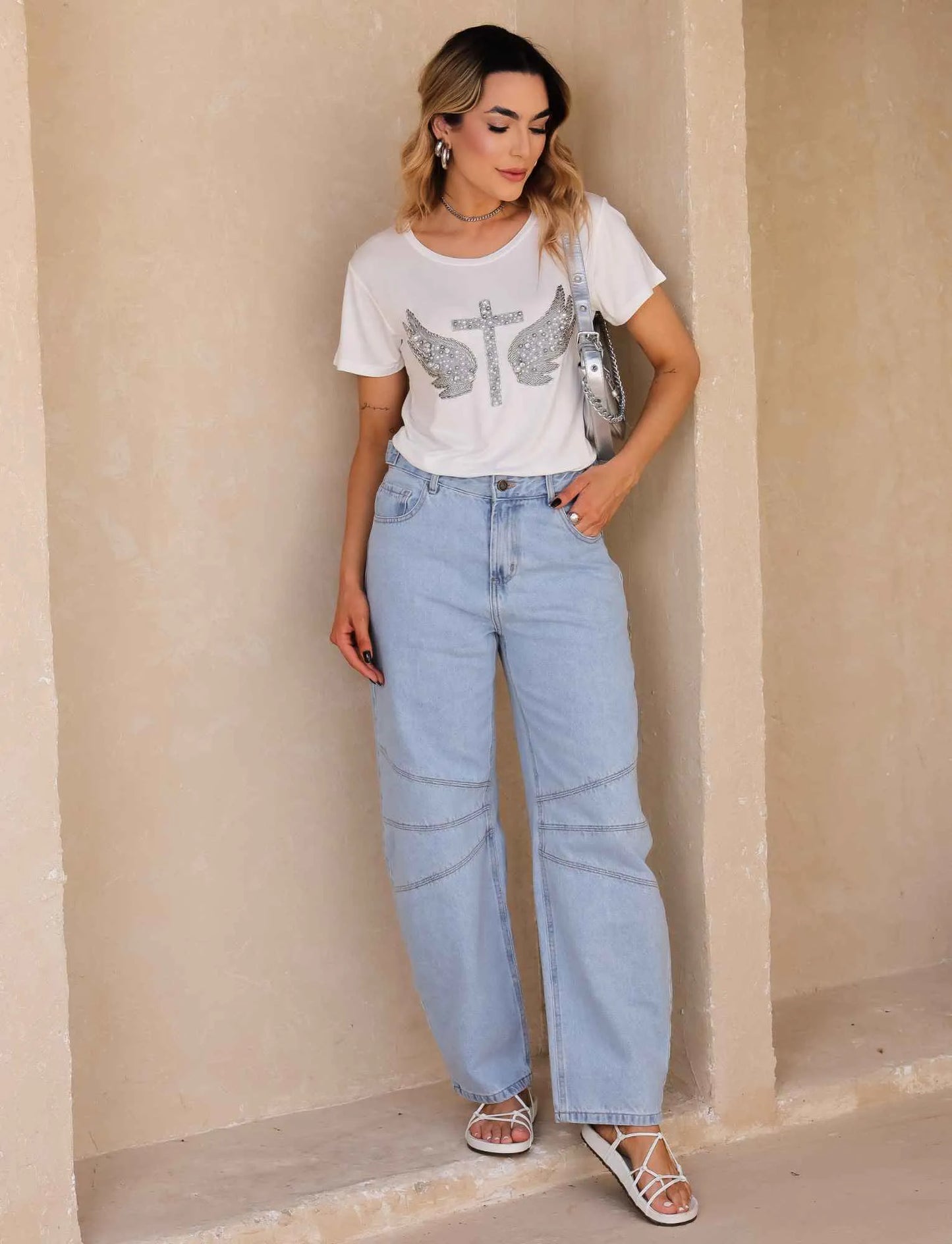 Silver Wing Cross T-shirts with Hand Embroidered Rhinestones