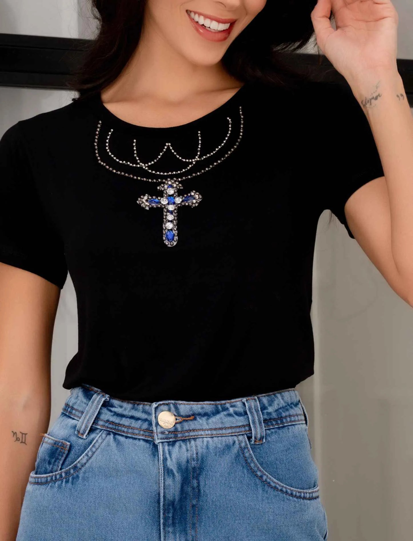Hand Embroidered Cross Neckline T-Shirt with Rhinestones