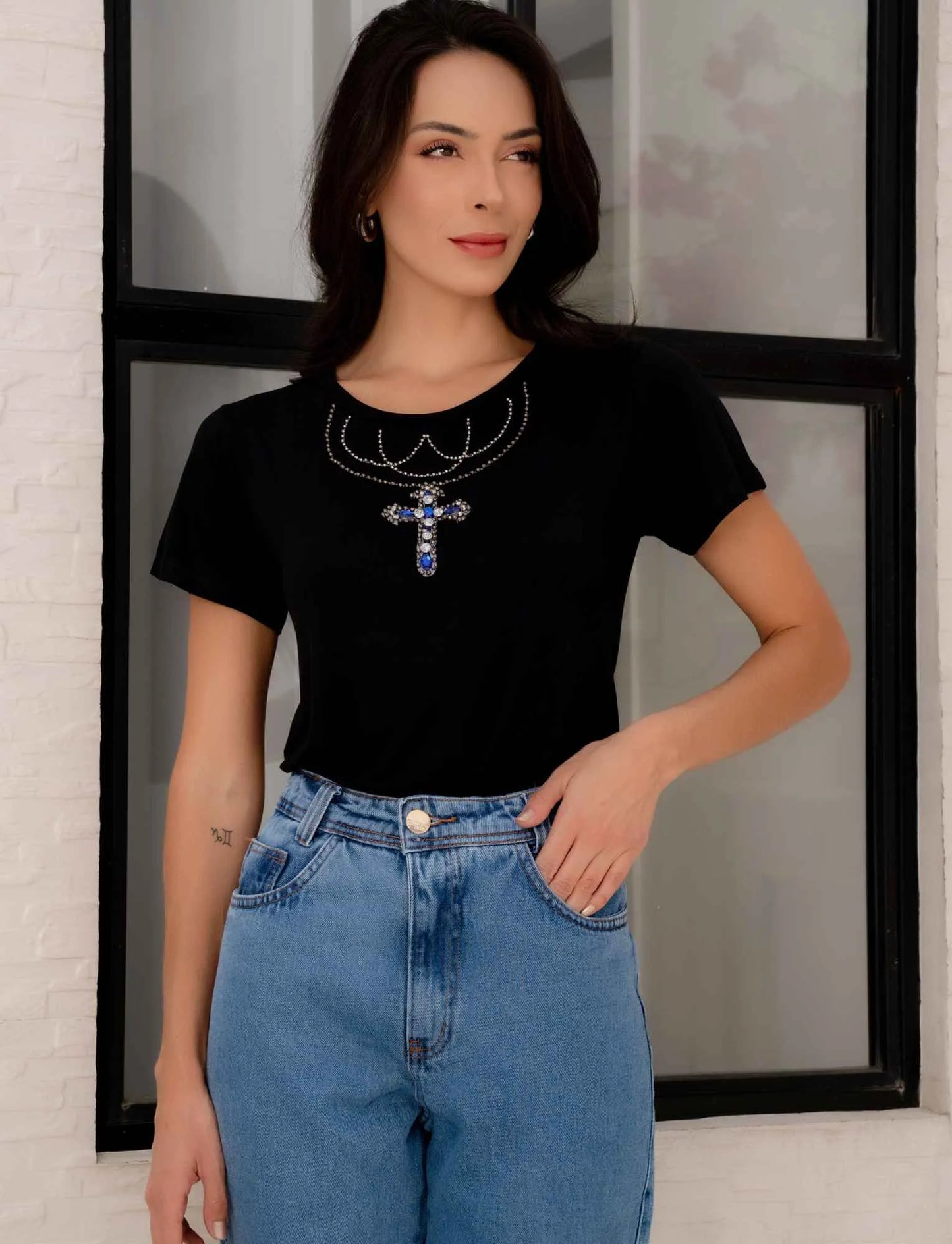 Hand Embroidered Cross Neckline T-Shirt with Rhinestones