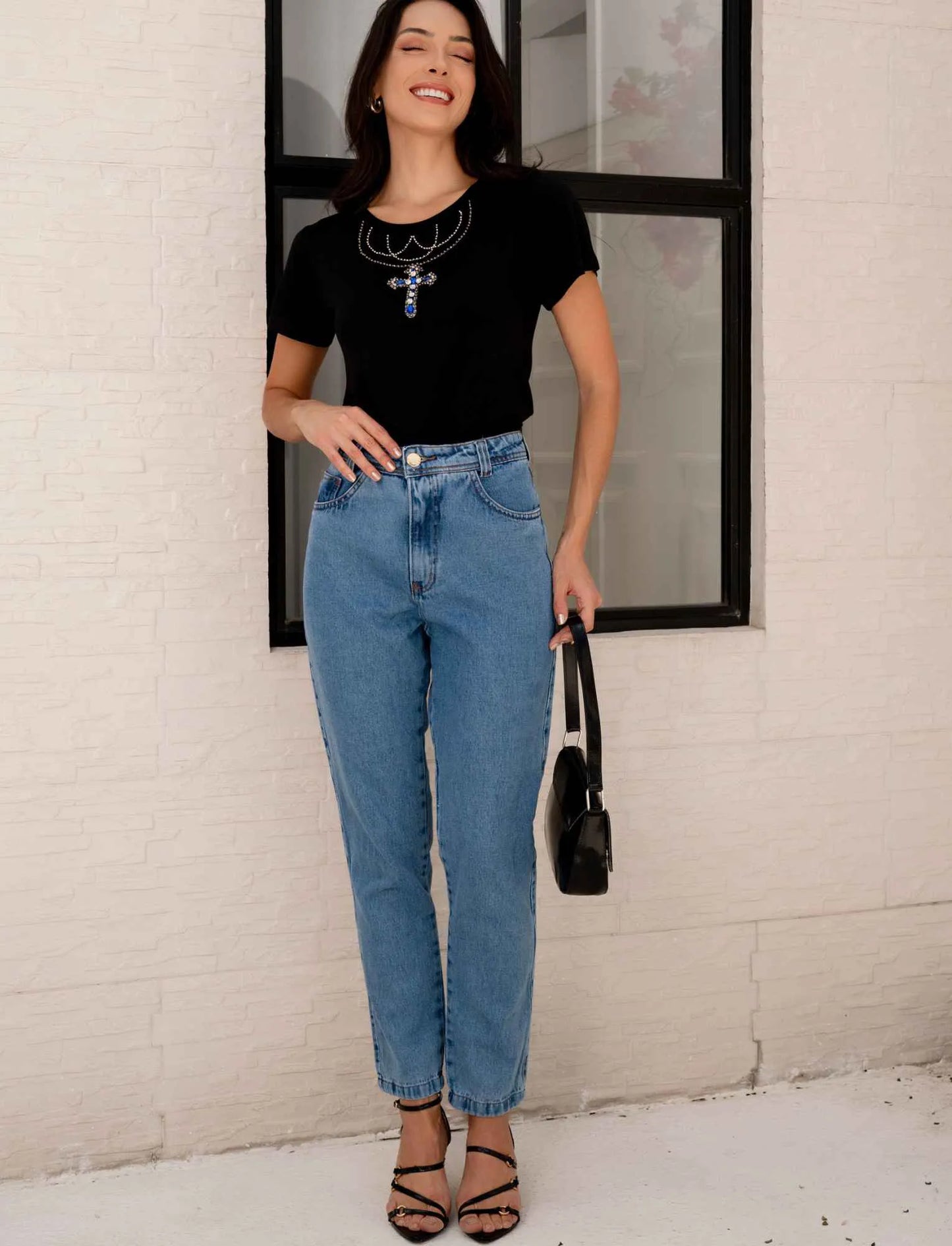 Hand Embroidered Cross Neckline T-Shirt with Rhinestones