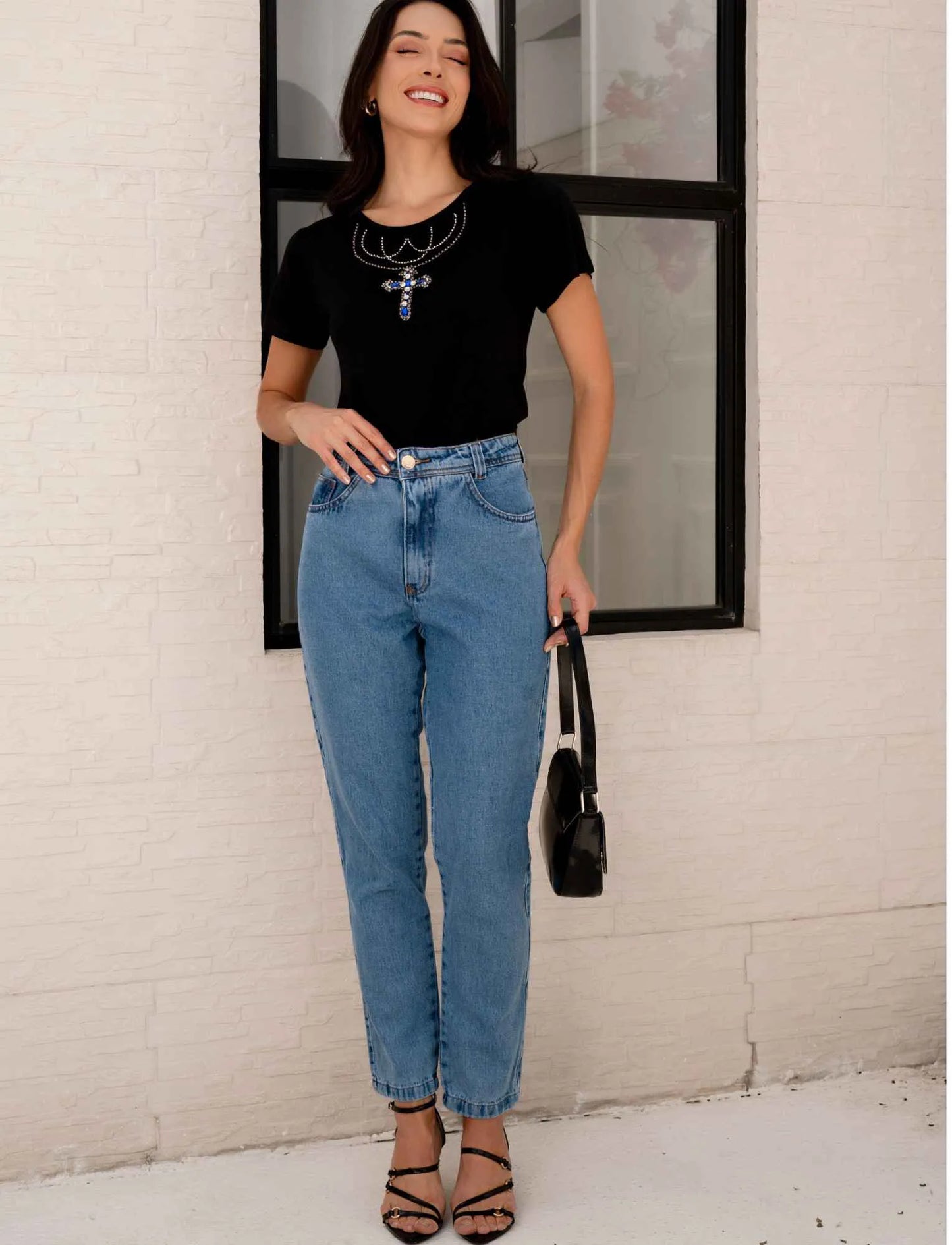 Hand Embroidered Cross Neckline T-Shirt with Rhinestones