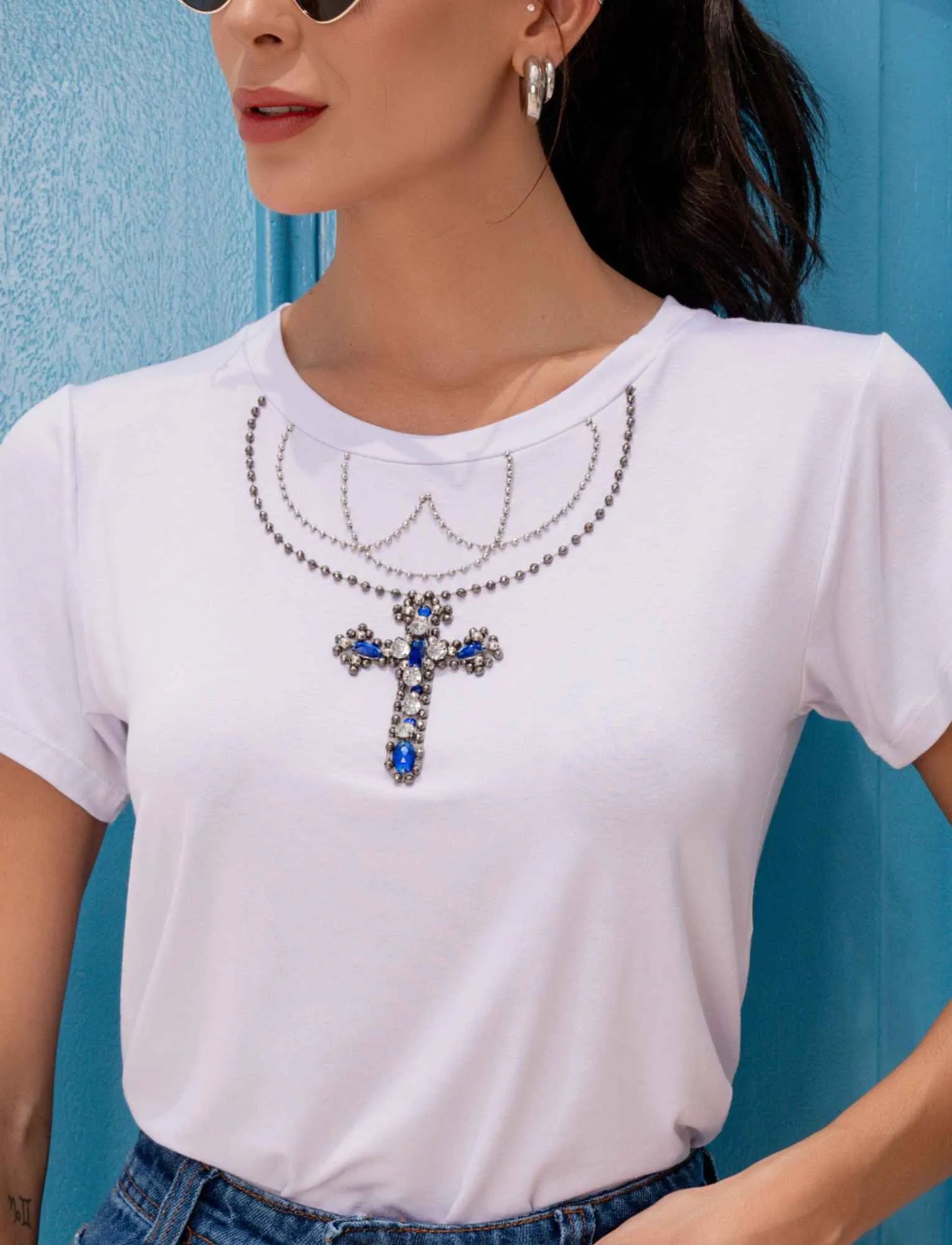 Hand Embroidered Cross Neckline T-Shirt with Rhinestones