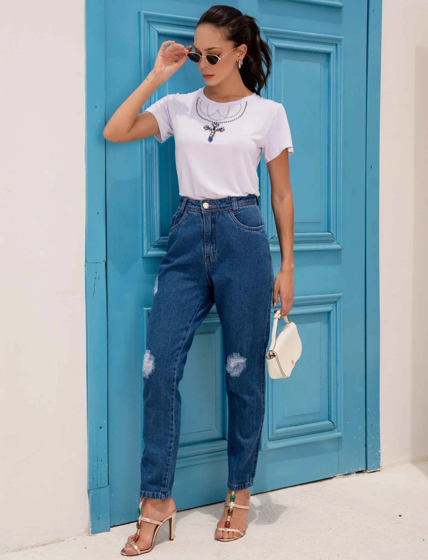 Hand Embroidered Cross Neckline T-Shirt with Rhinestones