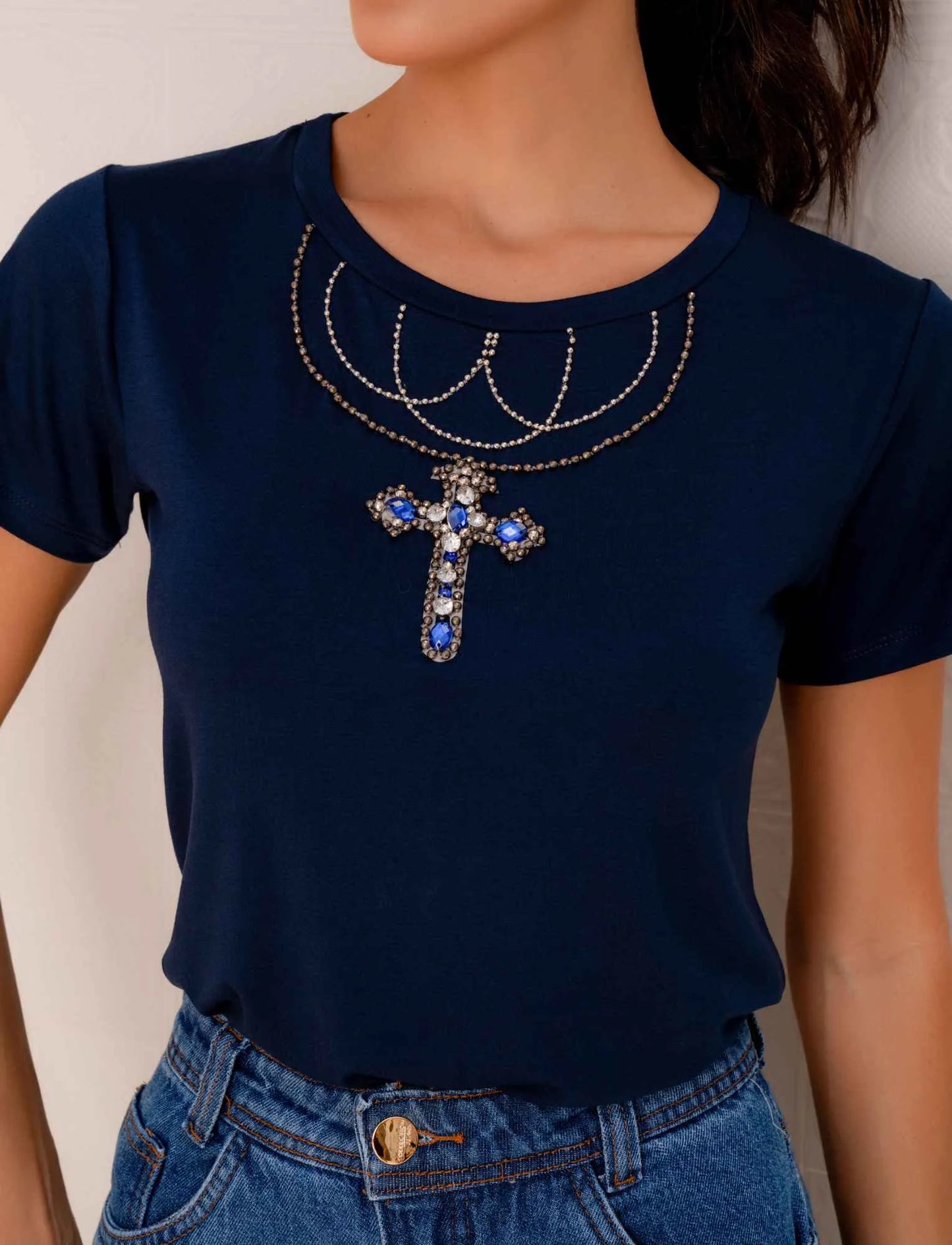 Hand Embroidered Cross Neckline T-Shirt with Rhinestones