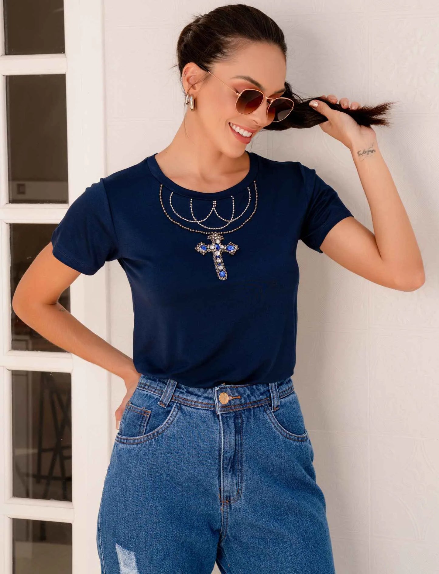 Hand Embroidered Cross Neckline T-Shirt with Rhinestones