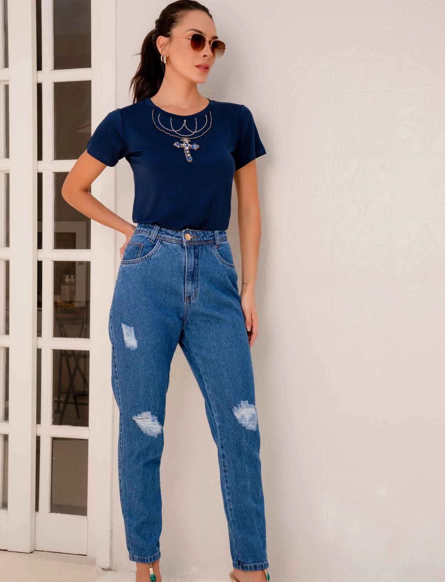 Hand Embroidered Cross Neckline T-Shirt with Rhinestones