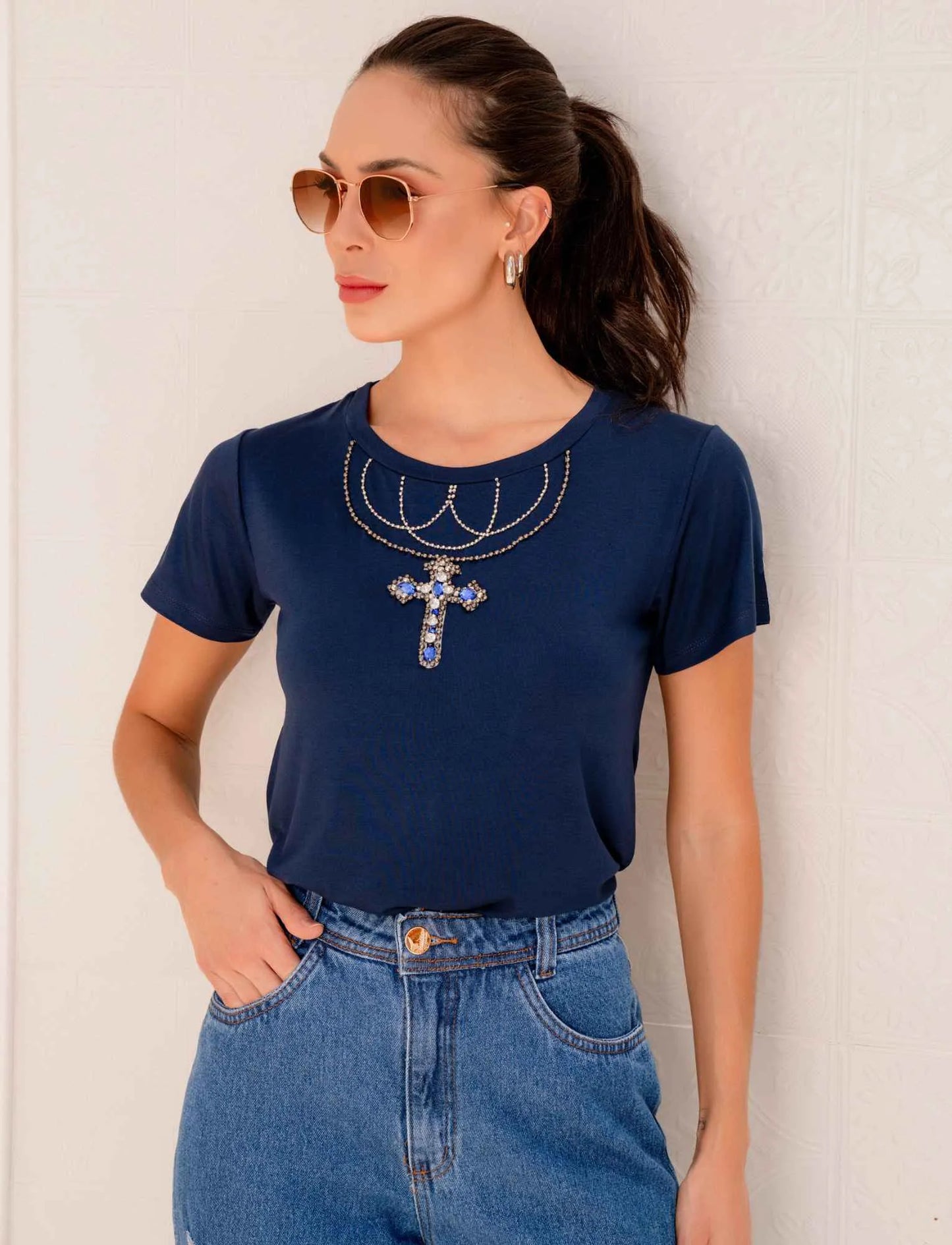 Hand Embroidered Cross Neckline T-Shirt with Rhinestones