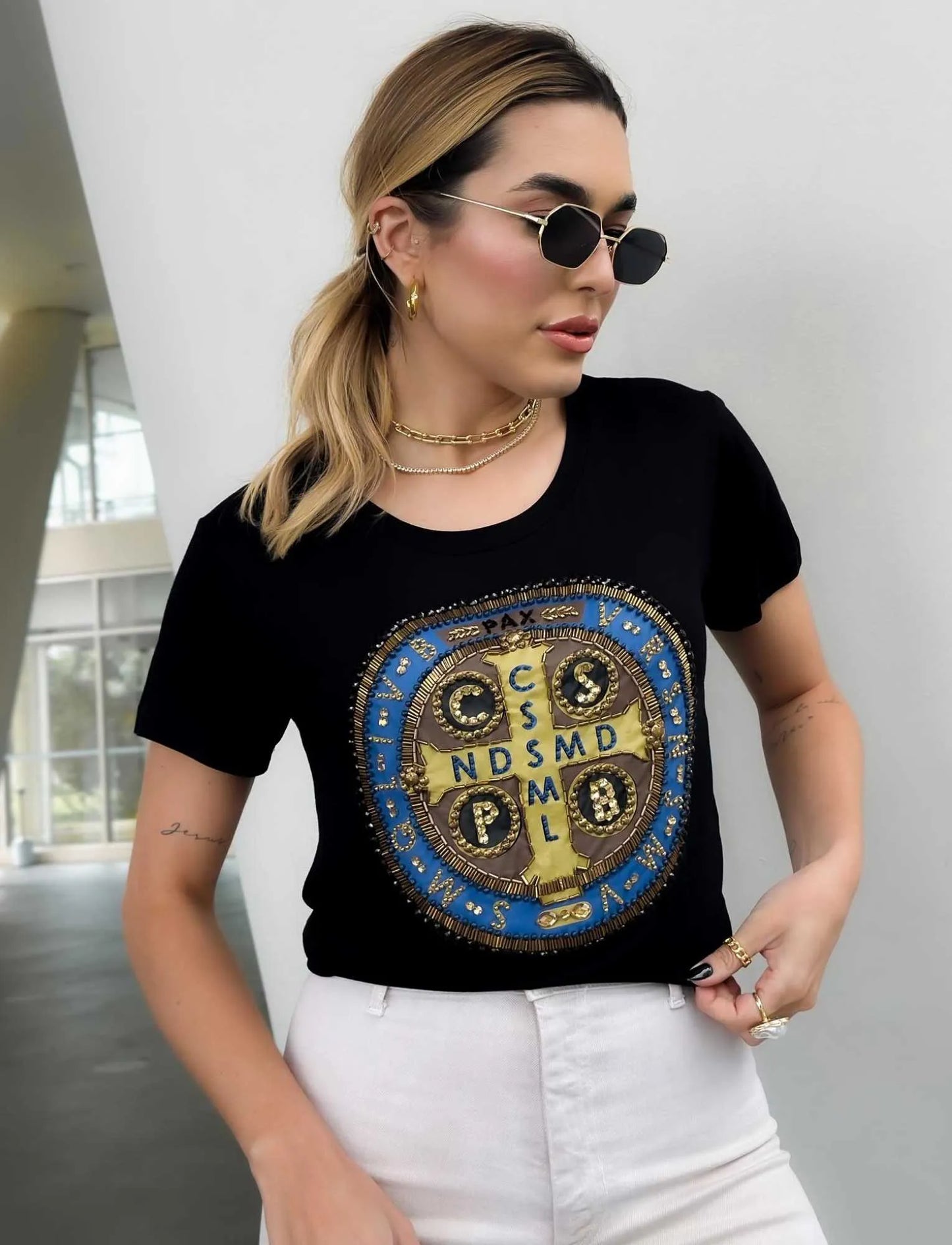 Saint Benedict Cross T-Shirt with Hand Embroidered Rhinestones