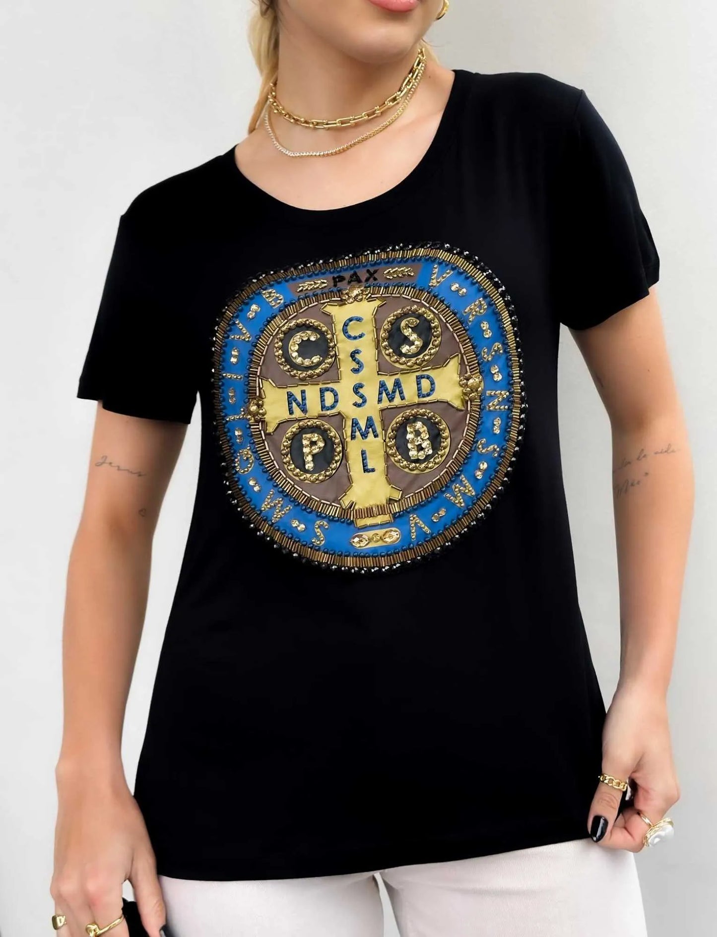 Saint Benedict Cross T-Shirt with Hand Embroidered Rhinestones