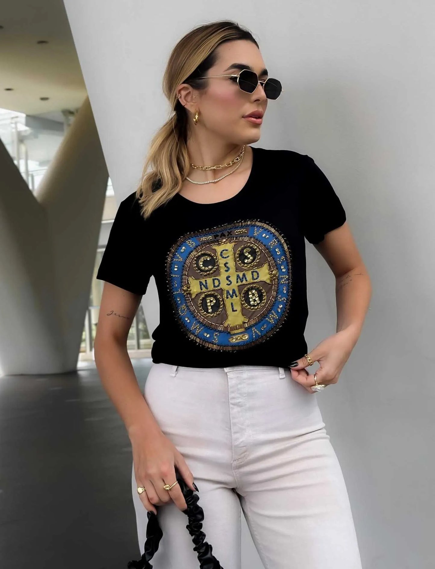 Saint Benedict Cross T-Shirt with Hand Embroidered Rhinestones