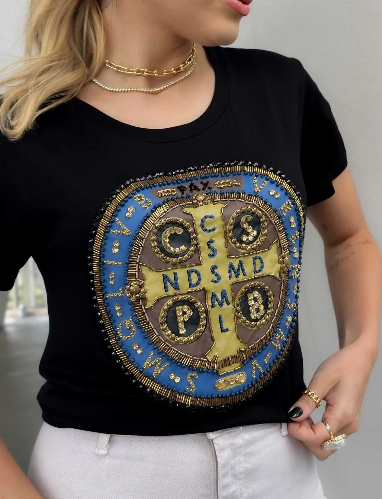Saint Benedict Cross T-Shirt with Hand Embroidered Rhinestones