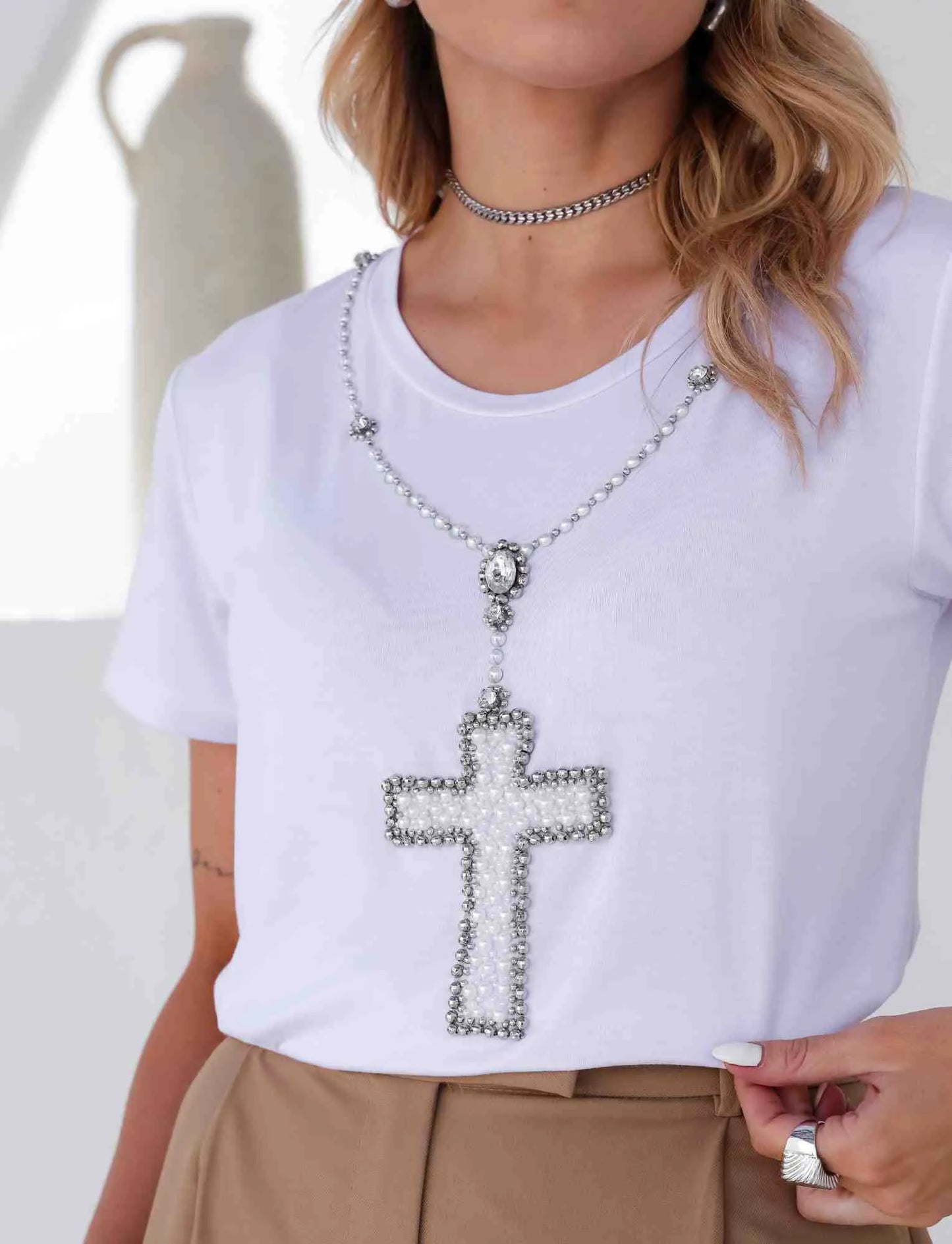 Hand Embroidered New Year's Eve Rosary Cross T-Shirt with Rhinestones