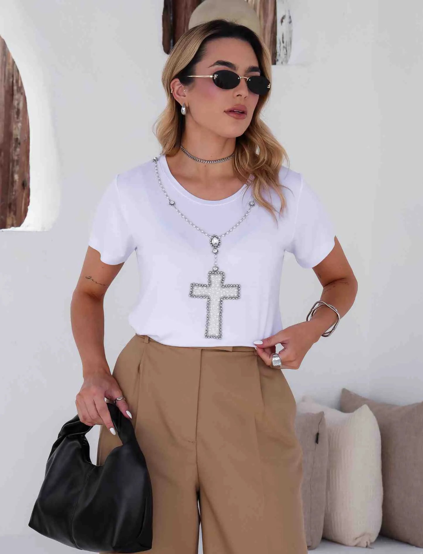 Hand Embroidered New Year's Eve Rosary Cross T-Shirt with Rhinestones