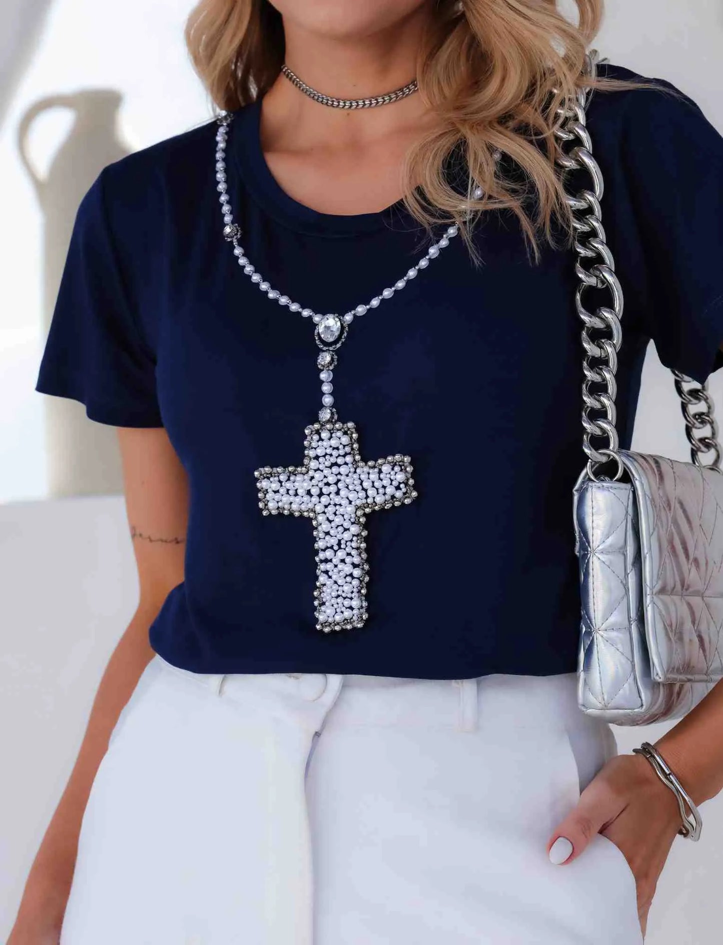 Hand Embroidered New Year's Eve Rosary Cross T-Shirt with Rhinestones