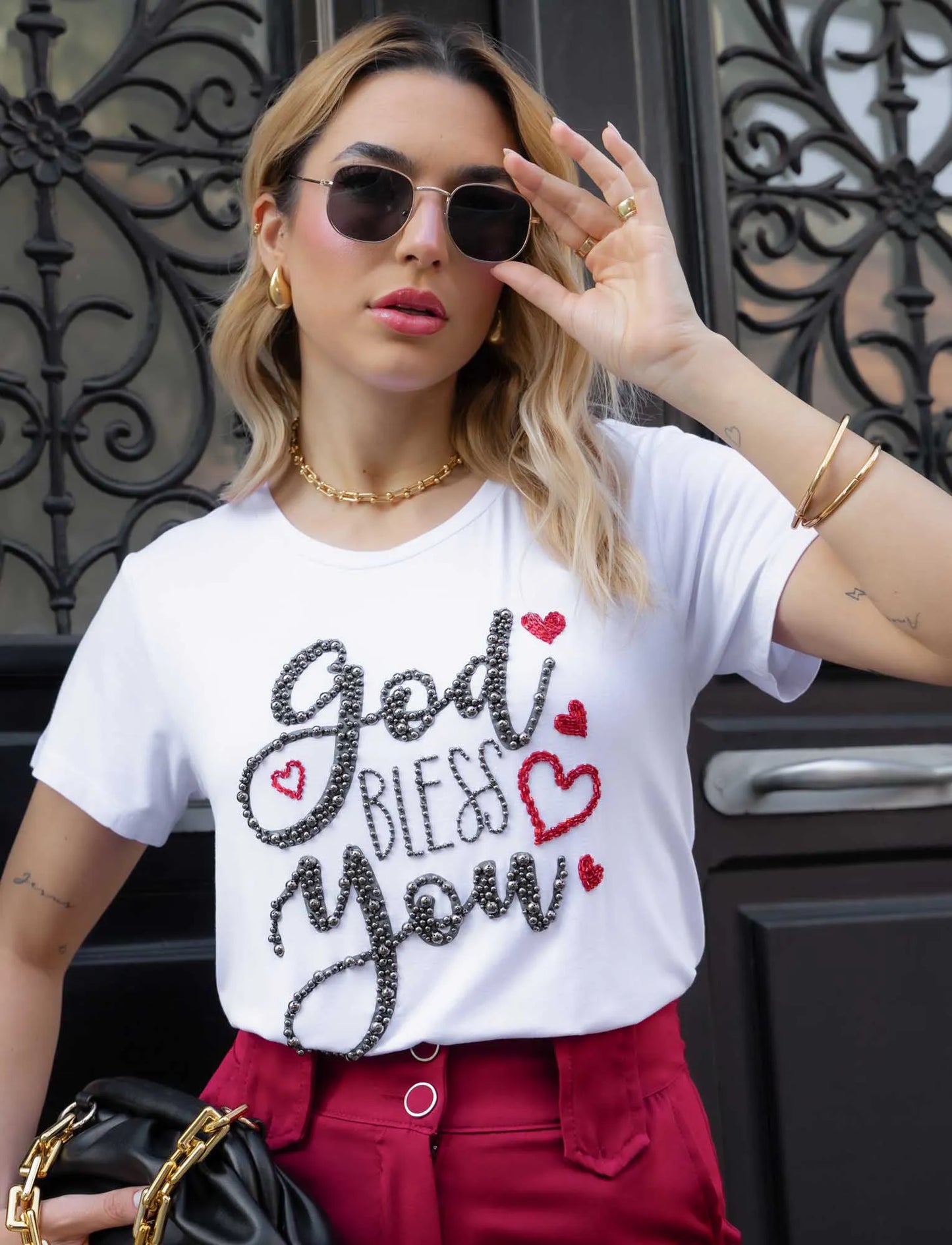 God Bless You T-Shirt with Hand Embroidered Rhinestones