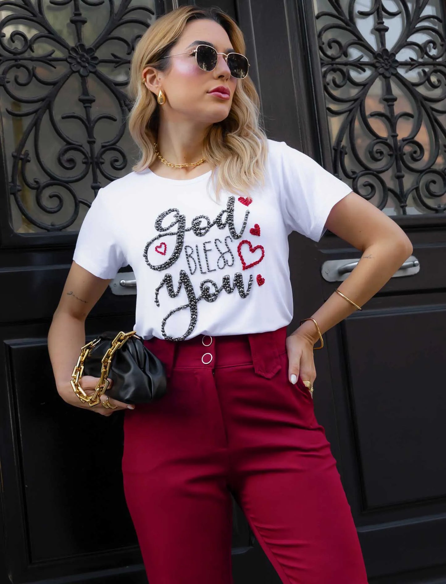 God Bless You T-Shirt with Hand Embroidered Rhinestones