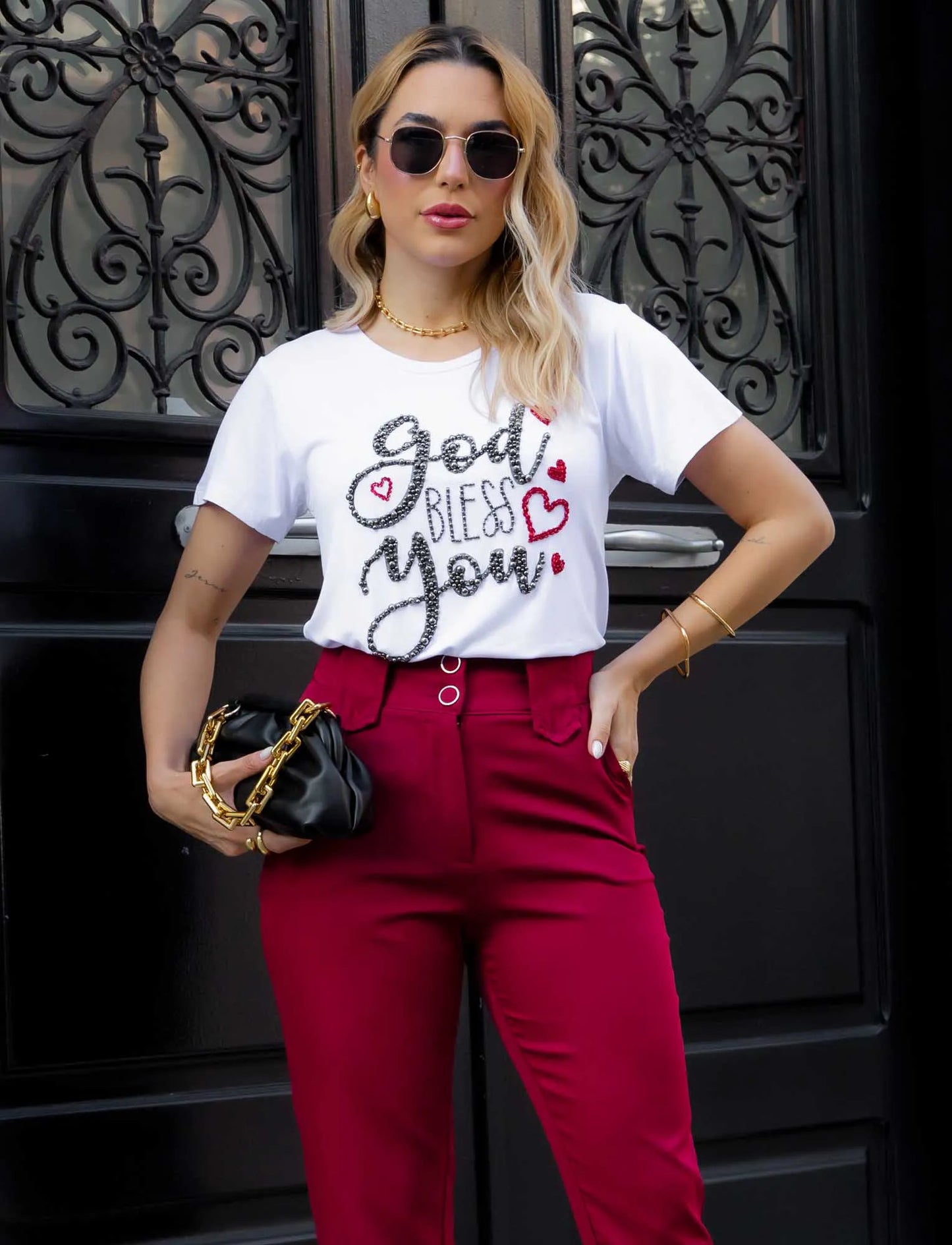 God Bless You T-Shirt with Hand Embroidered Rhinestones