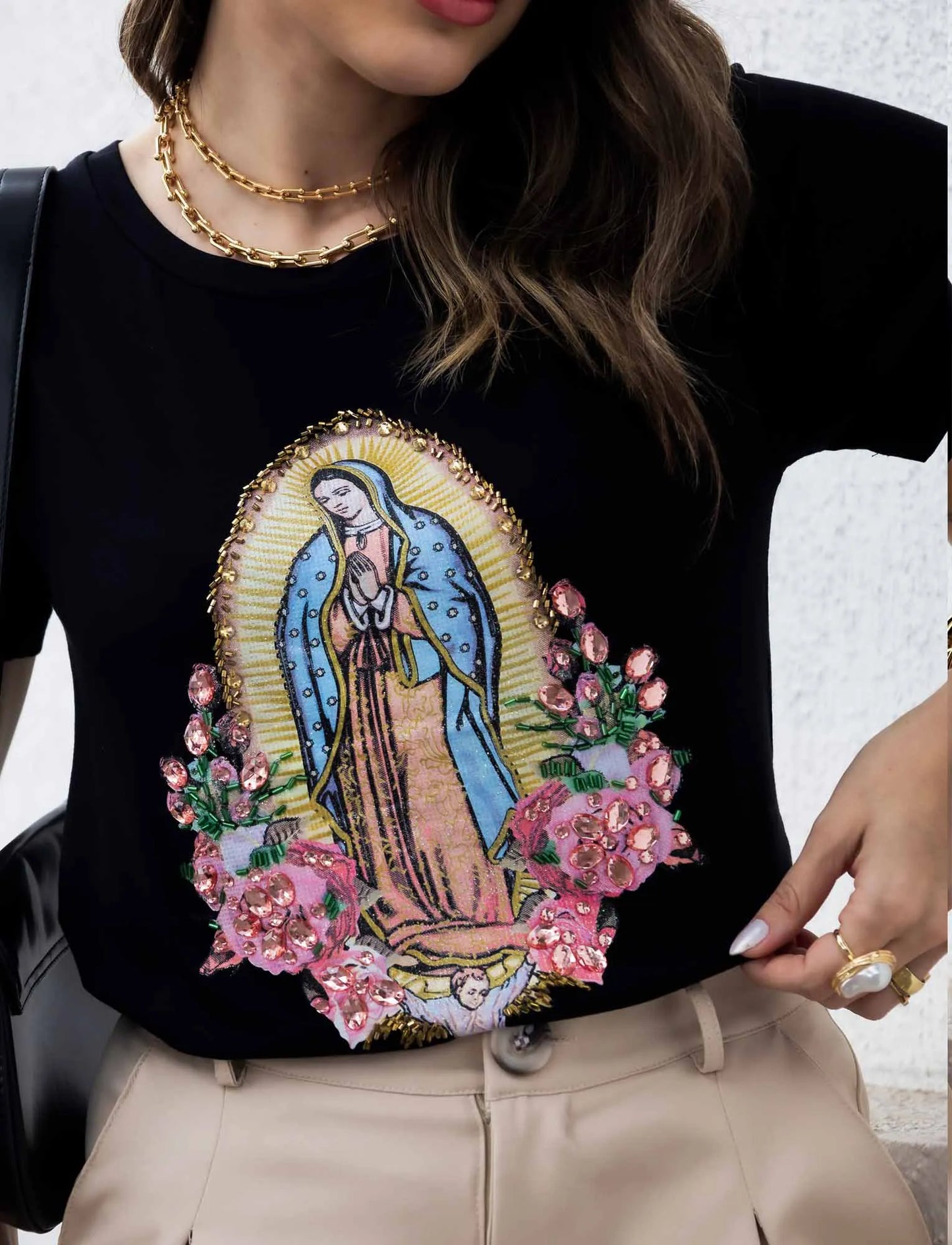 Guadalupe Flower T-Shirt with Hand Embroidered Rhinestones