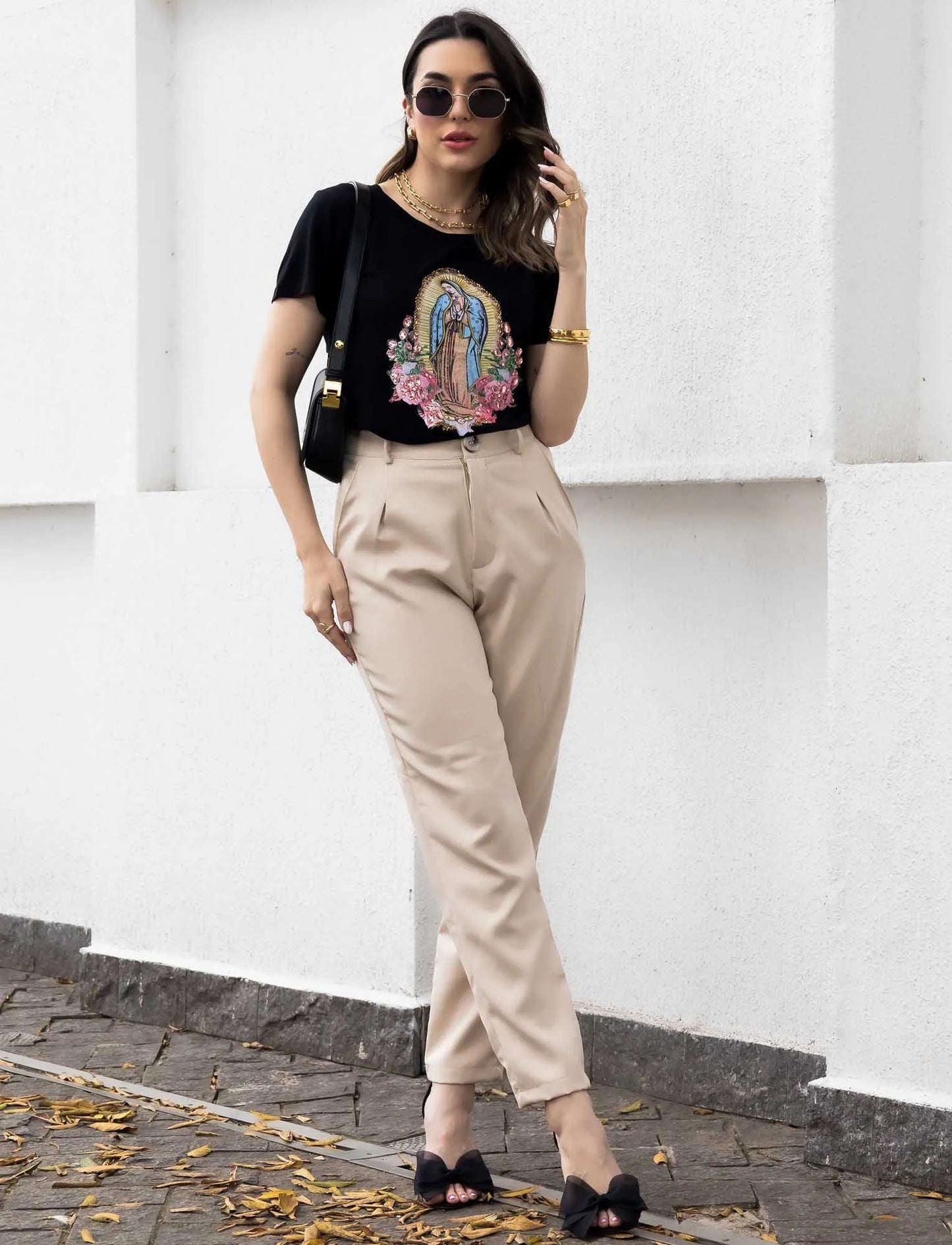 Guadalupe Flower T-Shirt with Hand Embroidered Rhinestones