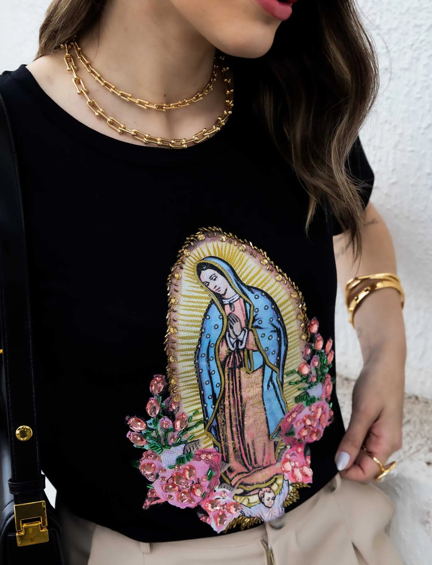 Guadalupe Flower T-Shirt with Hand Embroidered Rhinestones