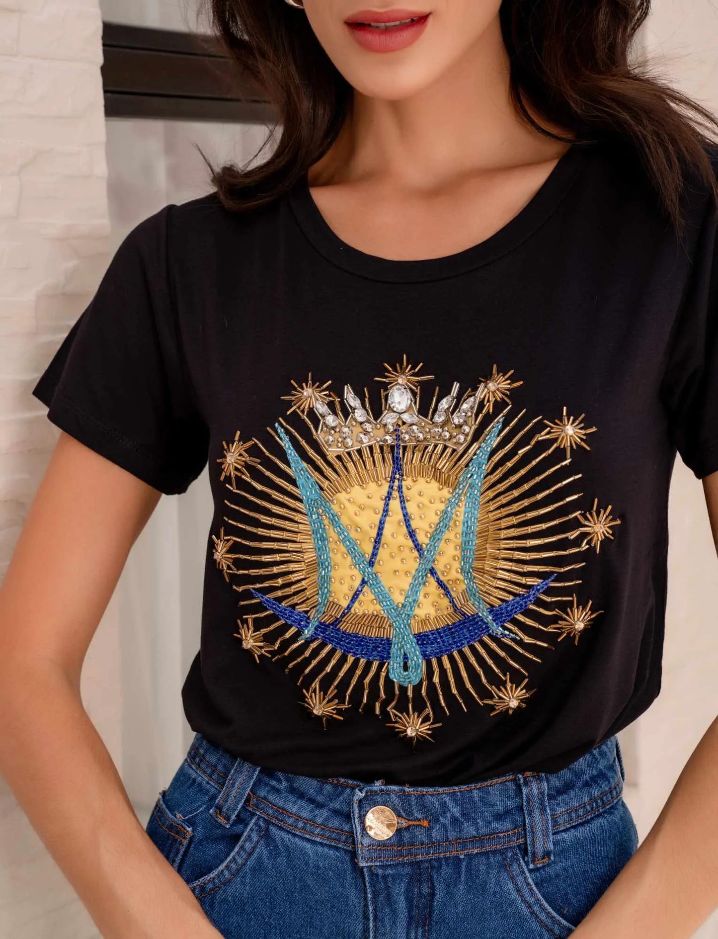 Our Lady Monogram T-Shirt with Hand Embroidered Rhinestones