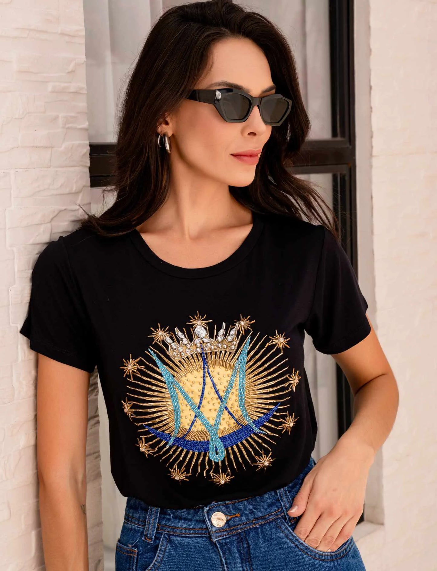 Our Lady Monogram T-Shirt with Hand Embroidered Rhinestones