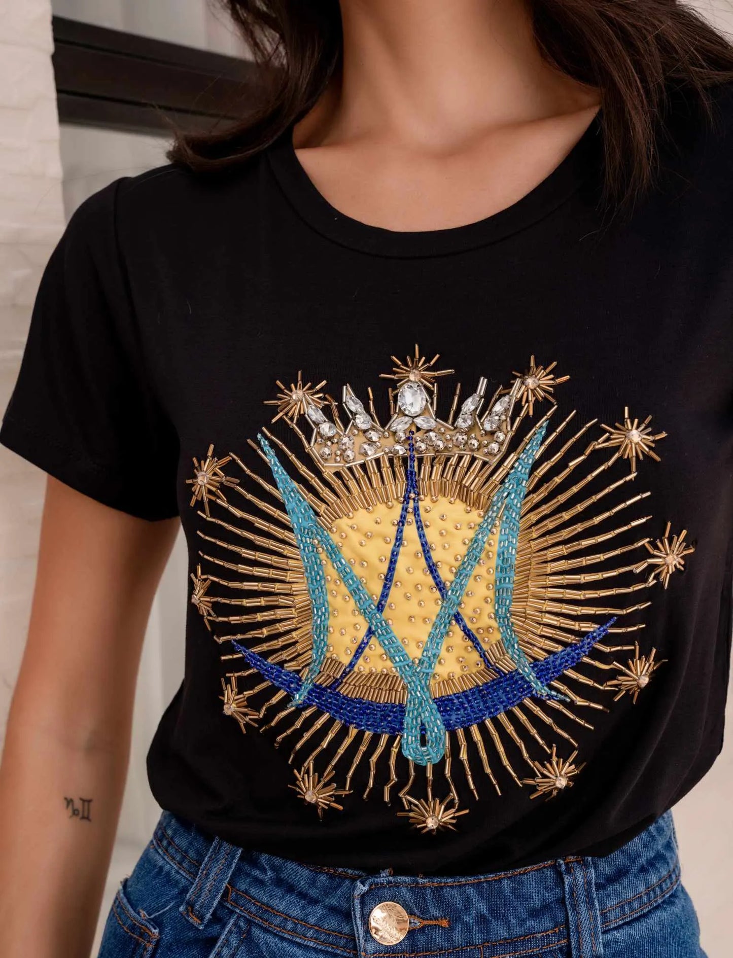 Our Lady Monogram T-Shirt with Hand Embroidered Rhinestones
