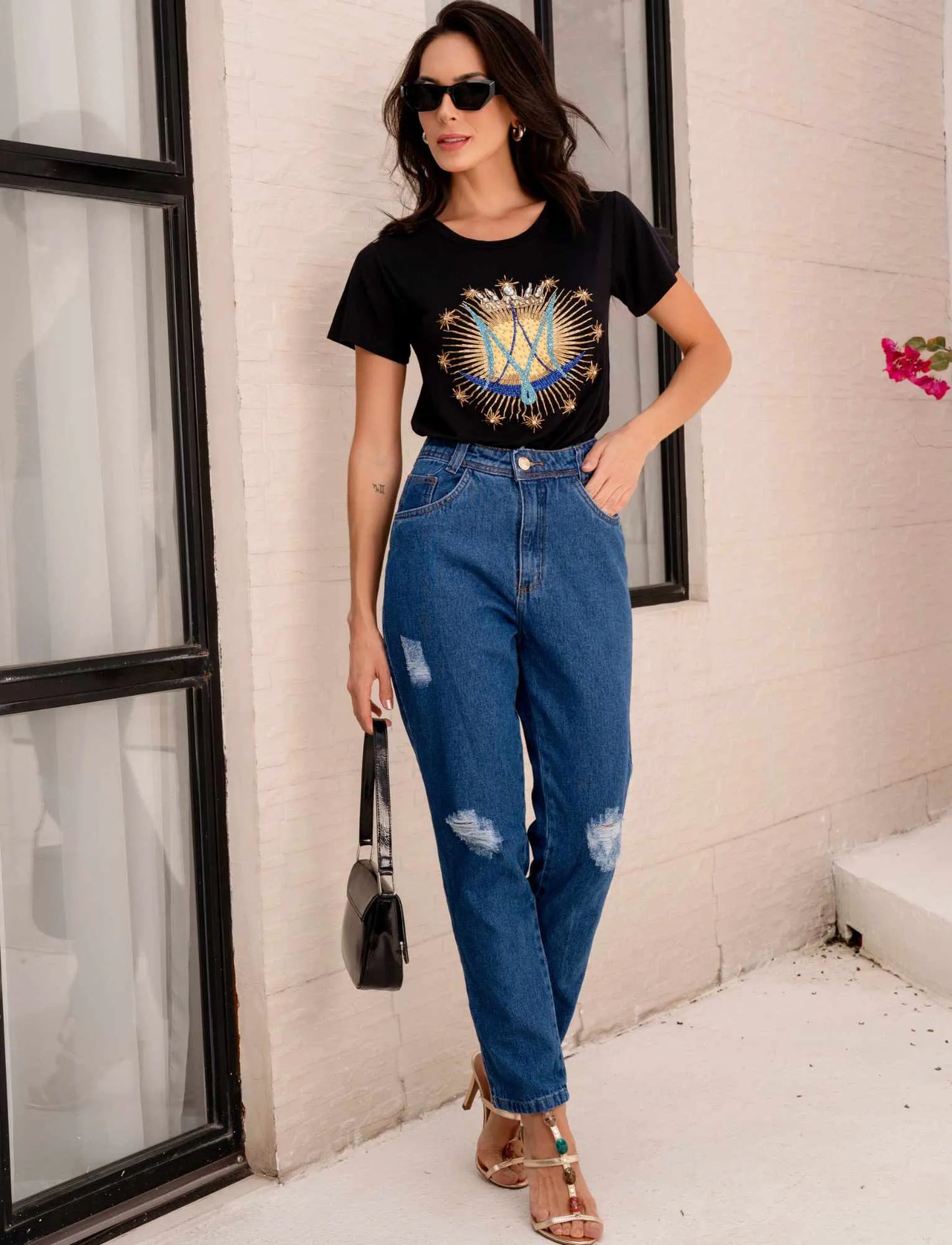 Our Lady Monogram T-Shirt with Hand Embroidered Rhinestones